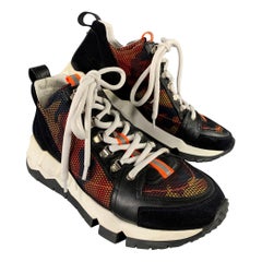 PIERRE HARDY Size 13 Black White Orange Mesh Canvas Runner Sneakers