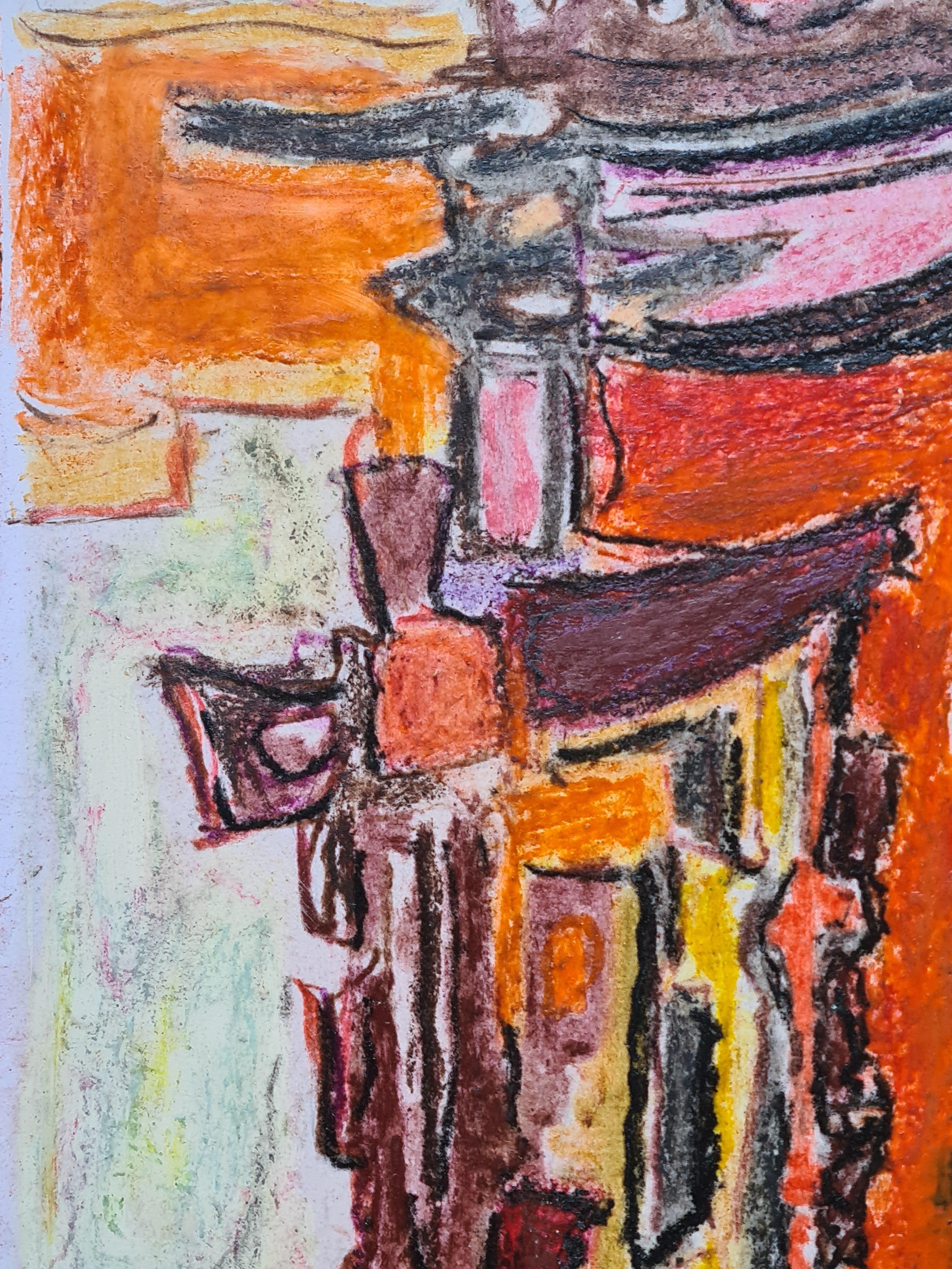 Ein französischer Abstrakter Expressionist aus der Mitte des Jahrhunderts in Acryl auf Papier von Pierre Havret. Das Gemälde ist unten rechts signiert und datiert und wird in einem vergoldeten Holz- und Stoffrahmen präsentiert.

Ein lebendiges und