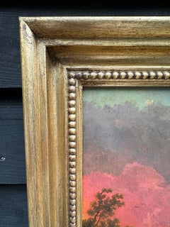 18th C French classical landscape with setting sun, figure, dog castle, Ruin