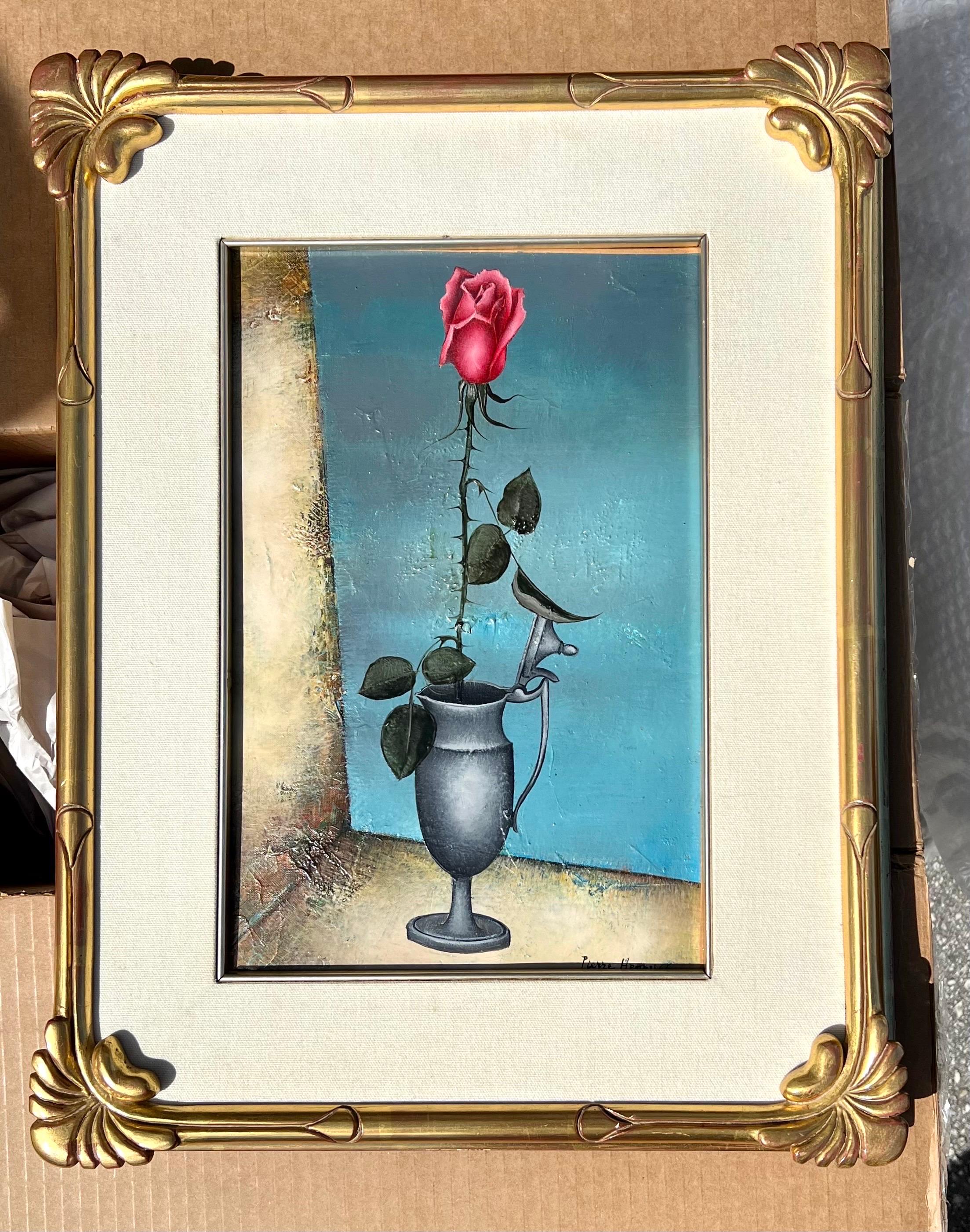 French Surrealism Oil Painting Pierre Henry Surrealist Color Flowers in Vase  For Sale 9