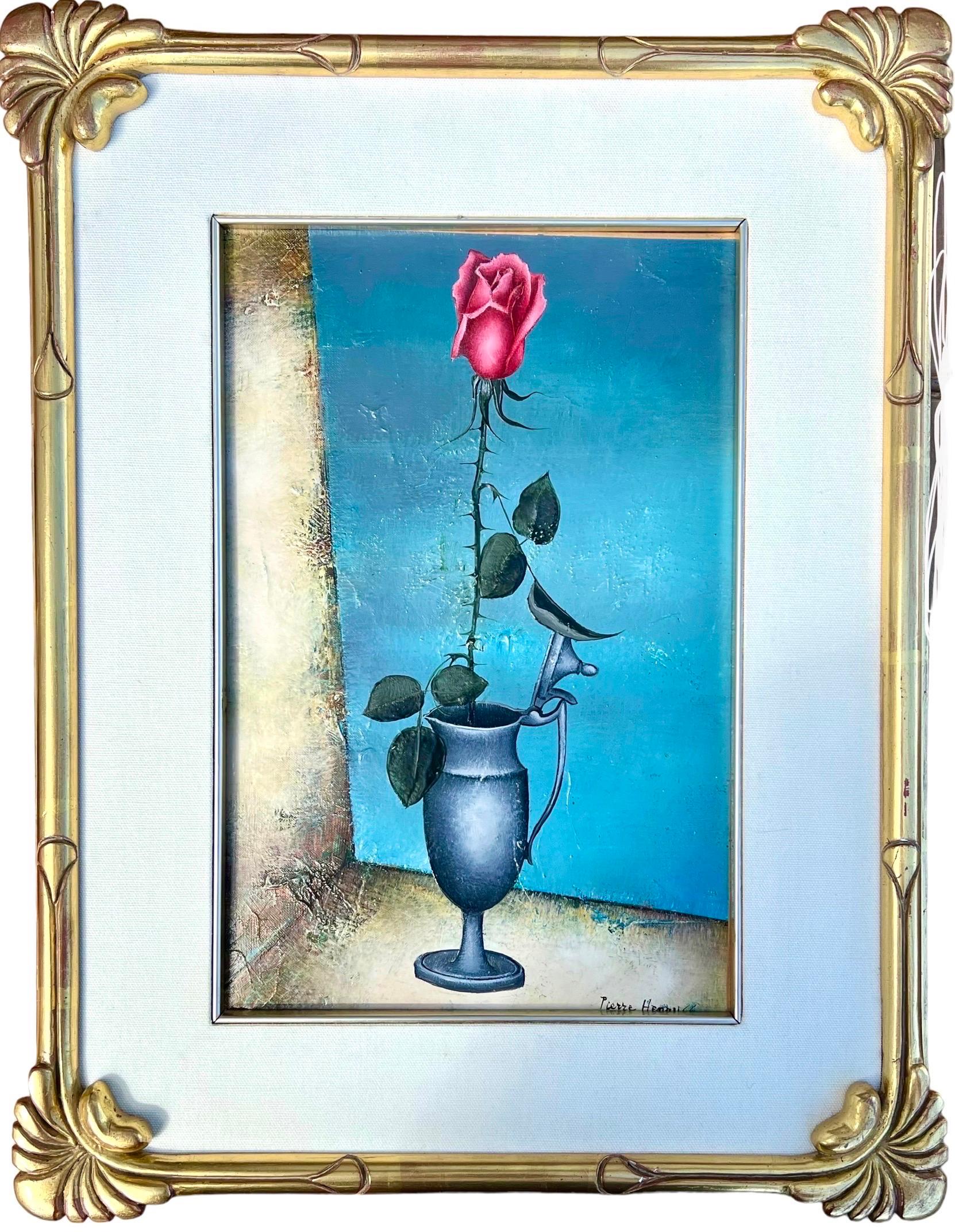French Surrealism Oil Painting Pierre Henry Surrealist Color Flowers in Vase  For Sale 1