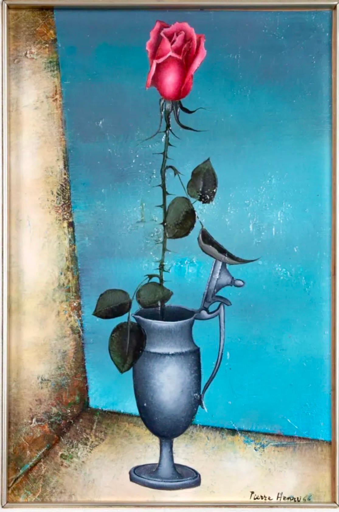 French Surrealism Oil Painting Pierre Henry Surrealist Color Flowers in Vase  For Sale 3