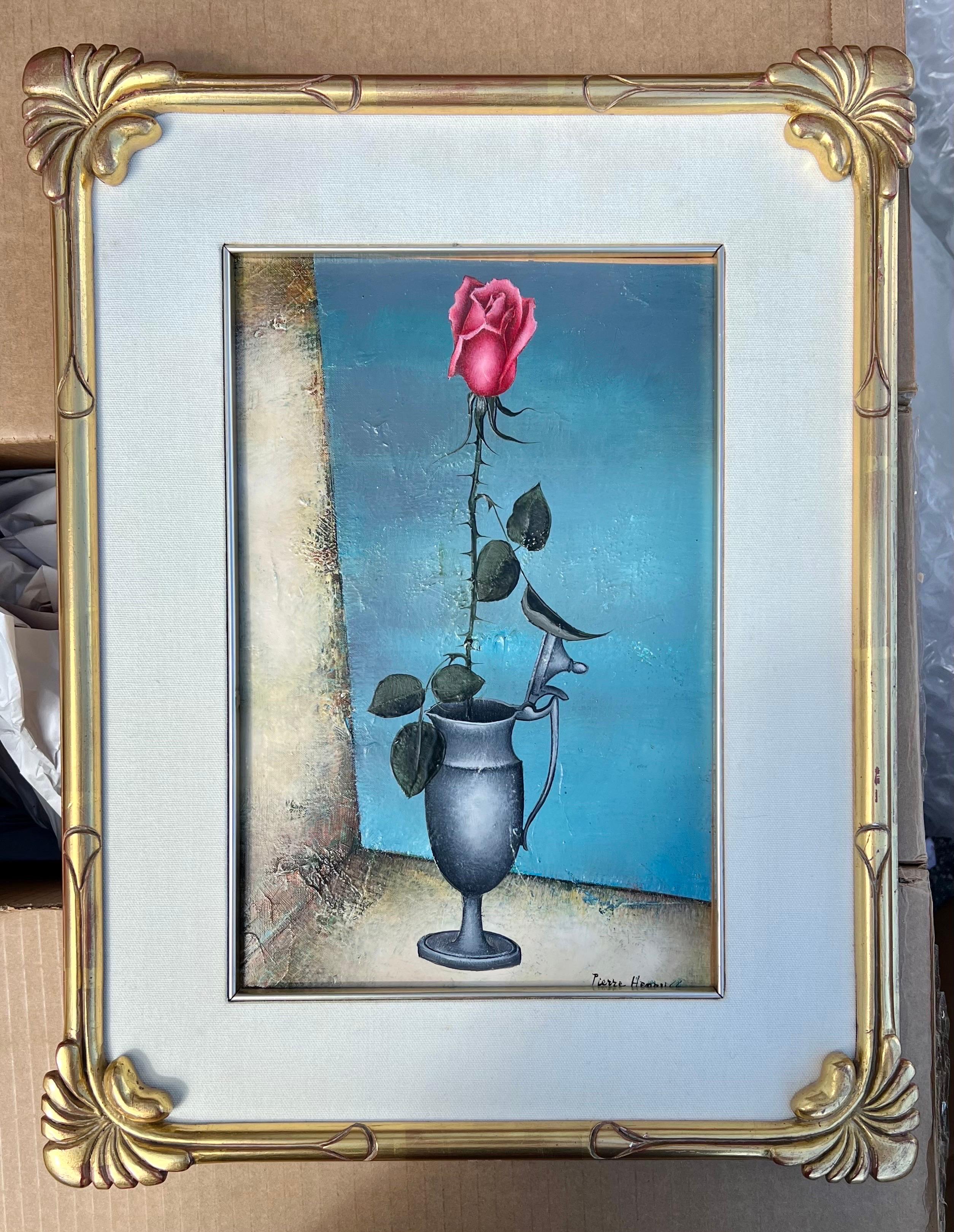 French Surrealism Oil Painting Pierre Henry Surrealist Color Flowers in Vase  For Sale 4