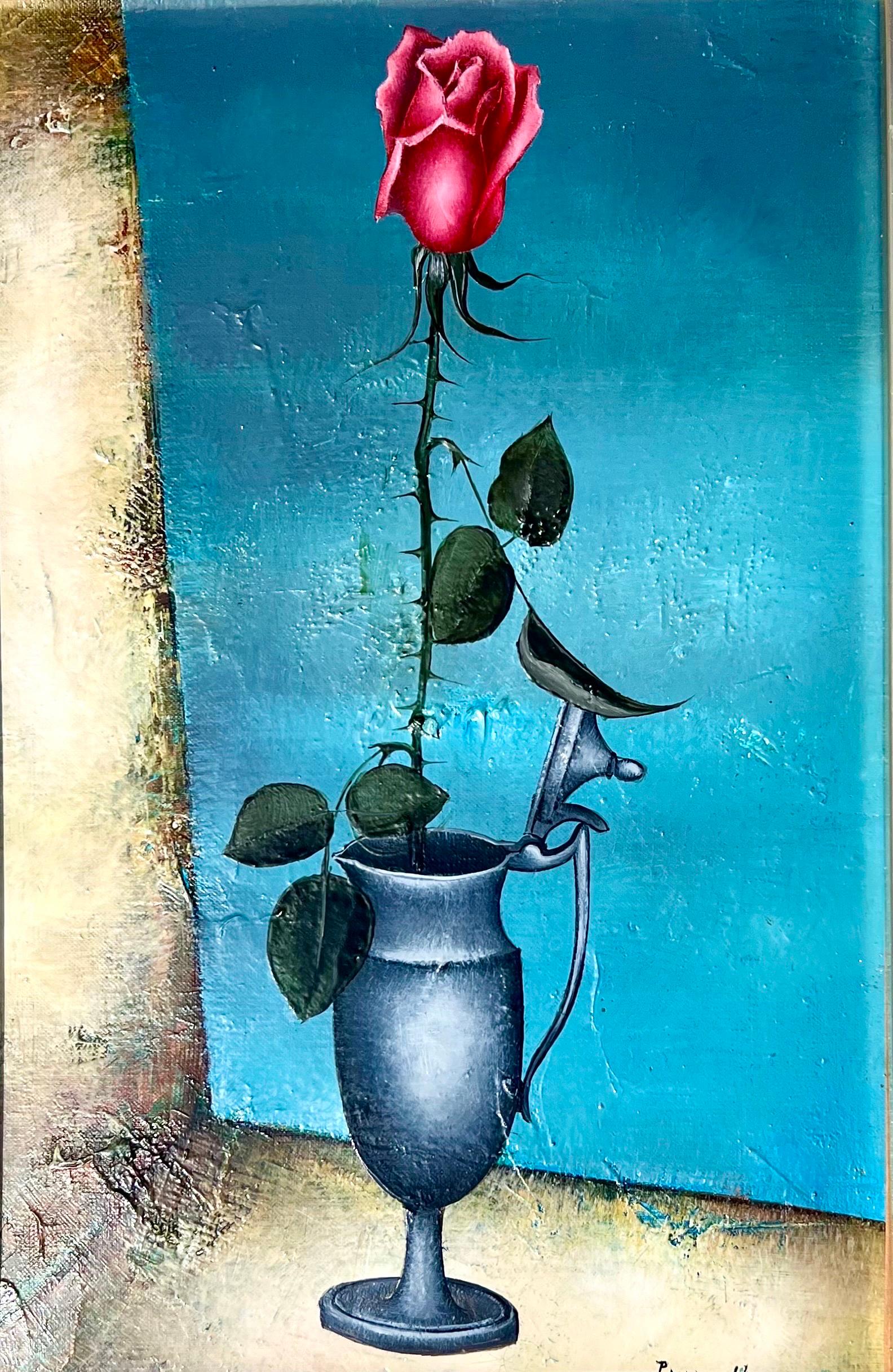 French Surrealism Oil Painting Pierre Henry Surrealist Color Flowers in Vase  For Sale 6