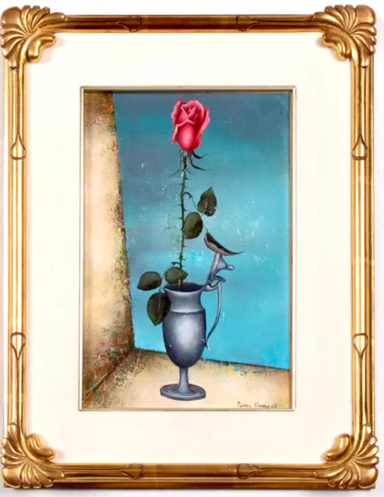 Peinture à l'huile surréaliste française Pierre Henry, fleurs colorées surréalistes dans un vase 