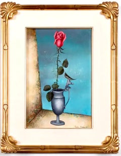 Vintage French Surrealism Oil Painting Pierre Henry Surrealist Color Flowers in Vase 