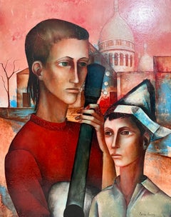 Large Surrealist French Expressionist Oil Painting Moody Boys Pierre Henry