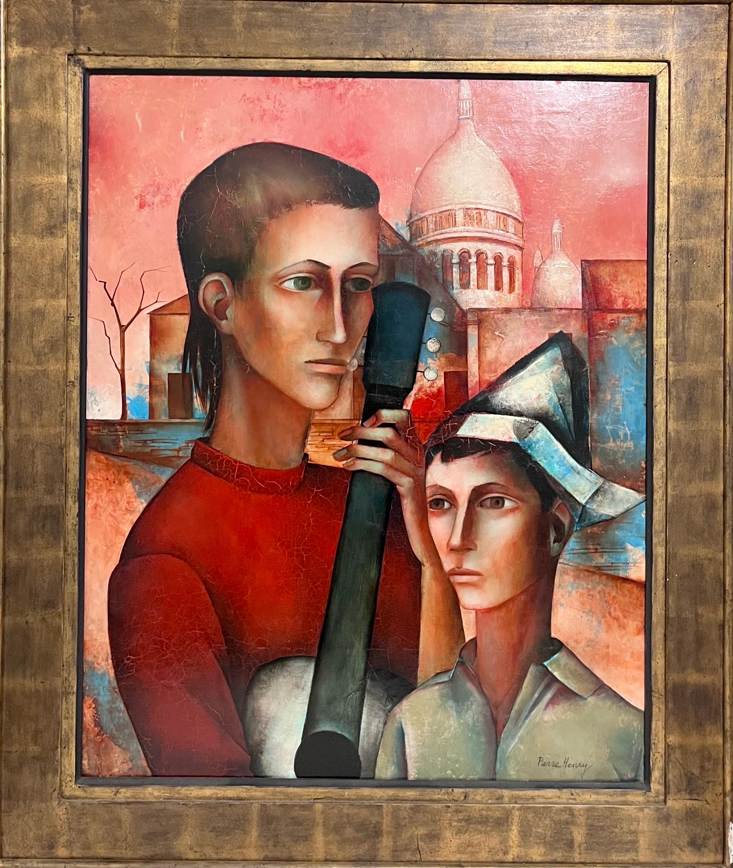 Pierre Henry (1924 - 2015) 
Handsigniert unten rechts. 
Abmessungen: (Rahmen) H 39" x B 33" ; (Gemälde) H 31,5" x B 25,5" 
Ölgemälde auf Karton, das zwei Personen, einen Mann mit Gitarre und einen Jungen mit Papierhut, vor wichtigen
