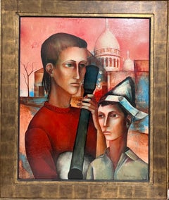 Gran óleo expresionista francés surrealista Niños malhumorados Pierre Henry