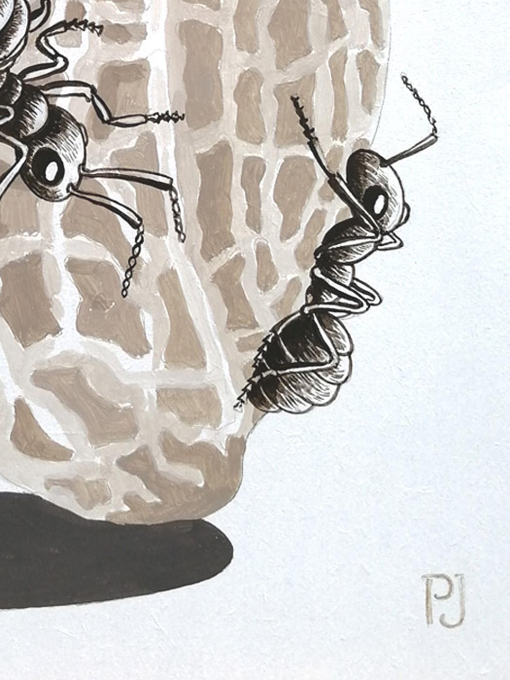 Pierre Jacob - Ants and peanut

Technical Description: Acrylic paint on wood support, thickness = 6mm 

Dimensions : 40 x 30 cm

2020

Ants are endlessly exploring a peanut. In the background, an eye observes the scene: simple evocation of the life
