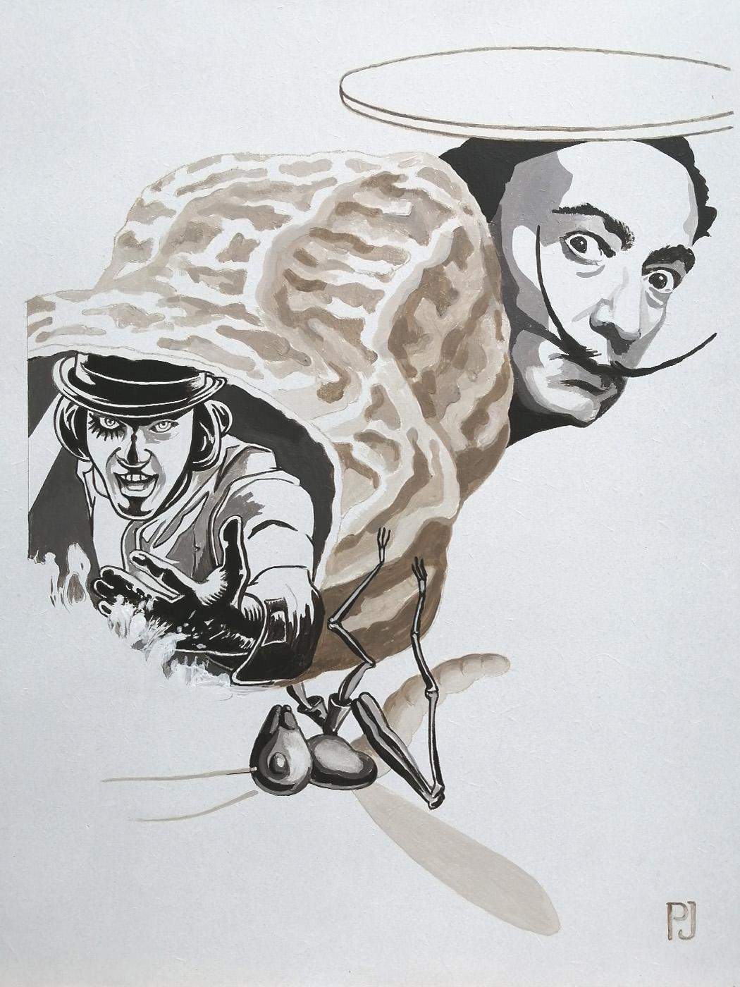 Pierre Jacob - Clockwork peanut
Technical Description: Acrylic paint on wood support, thickness = 6mm 
Dimensions : 40 x 30 cm
2020
Description : 
Malcolm Mcdowell (Alex), emerges from a disemboweled peanut shell. In the background, a portrait of