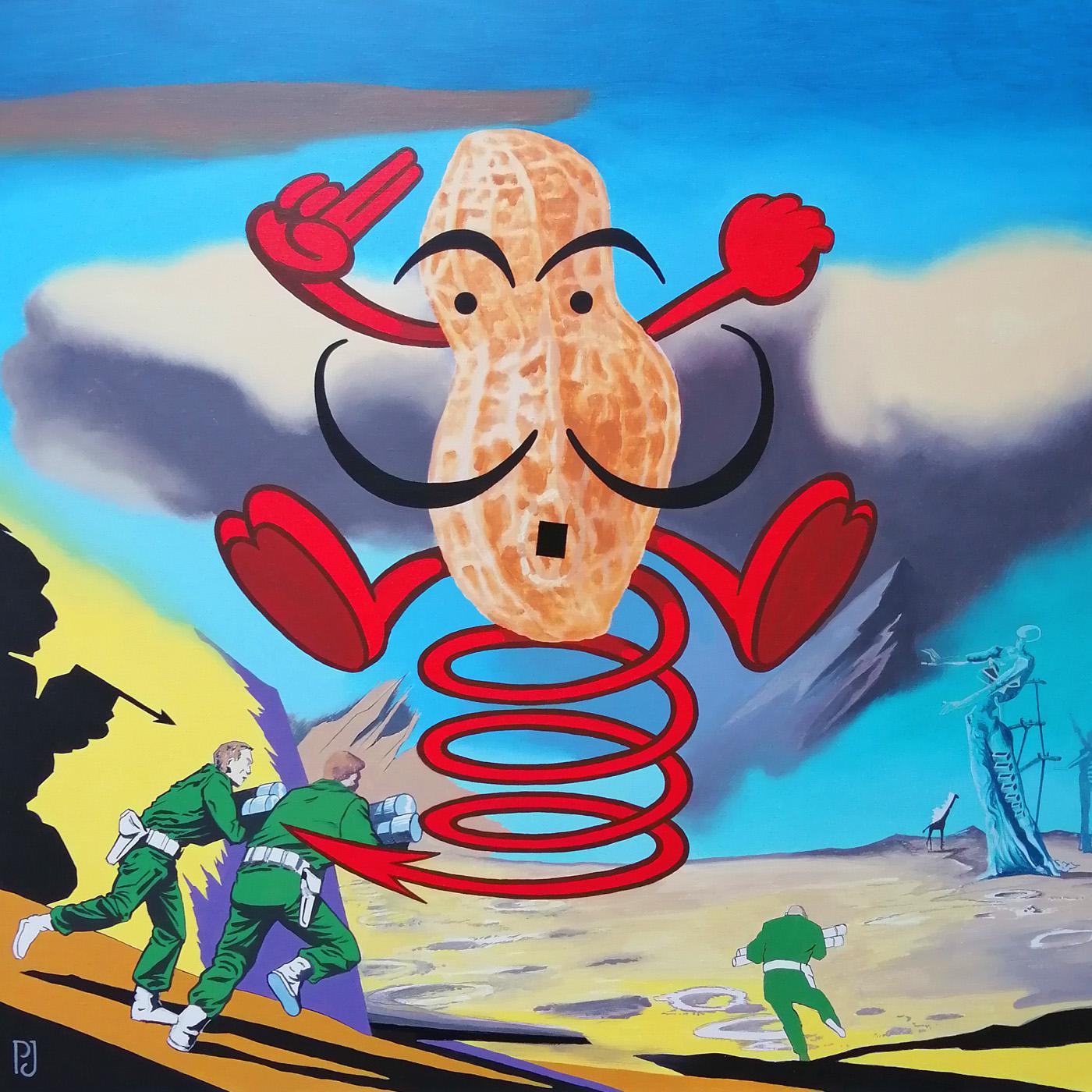 Technical Description : Acrylic painting on canvas

Dimensions : 100 x 100 cm

A leaping, grotesque character occupies the space. Around, everything is confused: lunar ground, green soldiers in white sneakers and without helmets. They seem to be