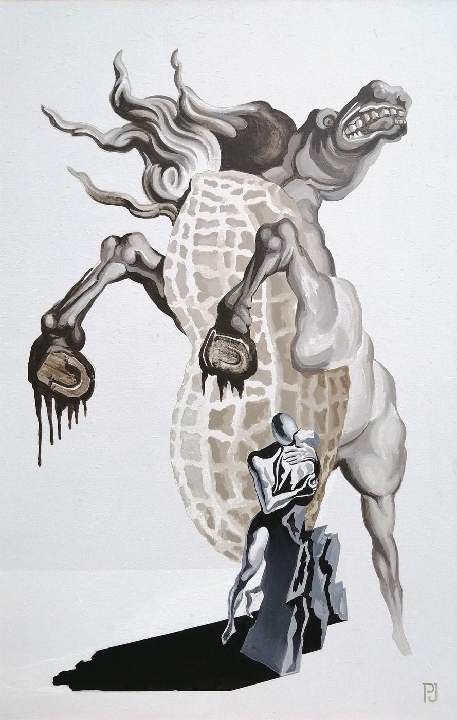 Pierre Jacob - Peanut and love

Technical Description: Acrylic paint on wood support, thickness = 6mm 

Dimensions : 60 x 40 cm 

This image is an evocation of the erotic world of Dali. Giant peanut, furious horse, and a couple in love. These motifs