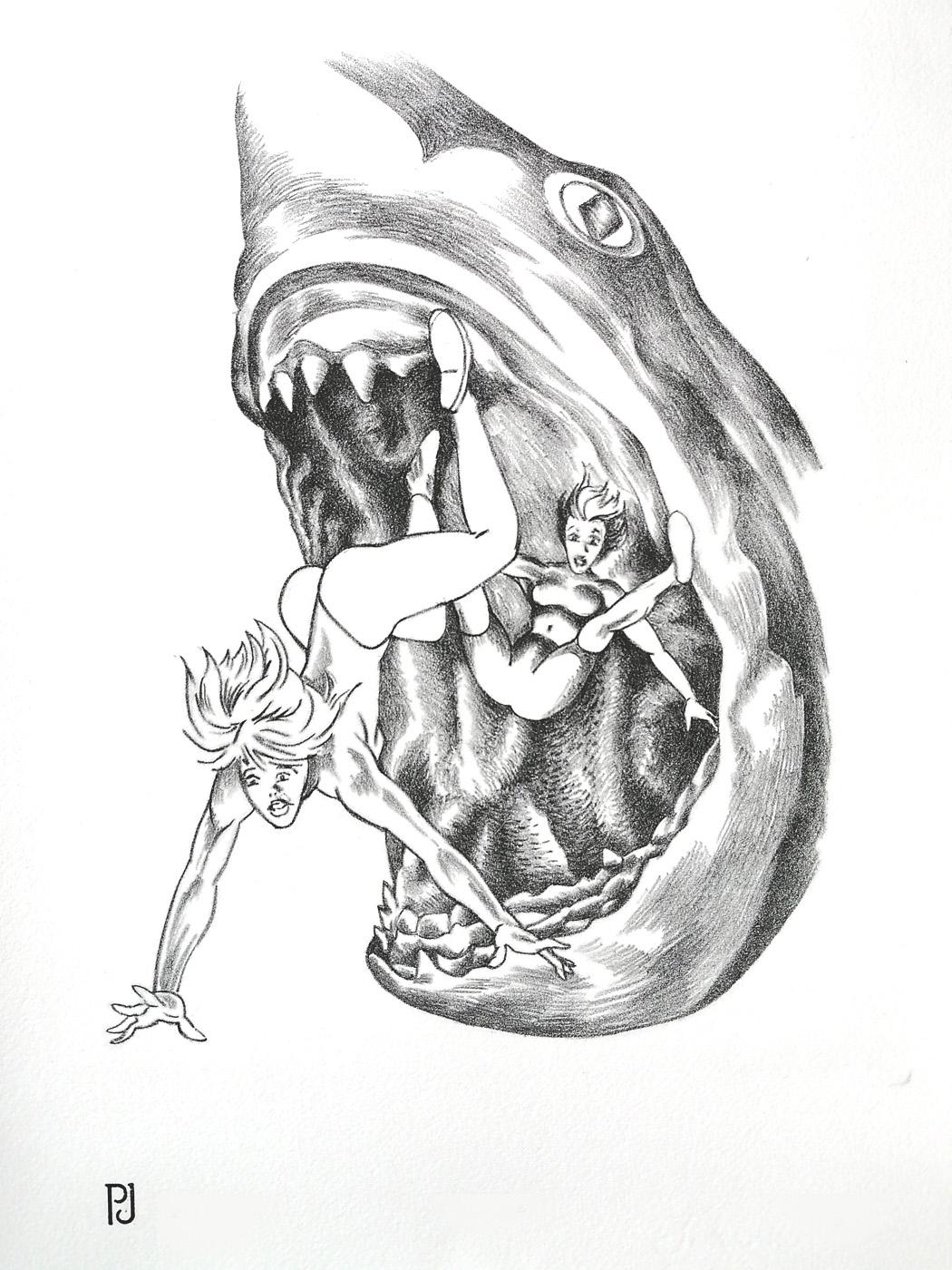 Impression lithographique / encre noire imprimée sur papier JOHANOT 240gr.
Cette version emprunte les codes de la bande dessinée, pour représenter un requin mangeur de femmes.

Références utilisées pour cette impression : Requin du film : "Les Dents