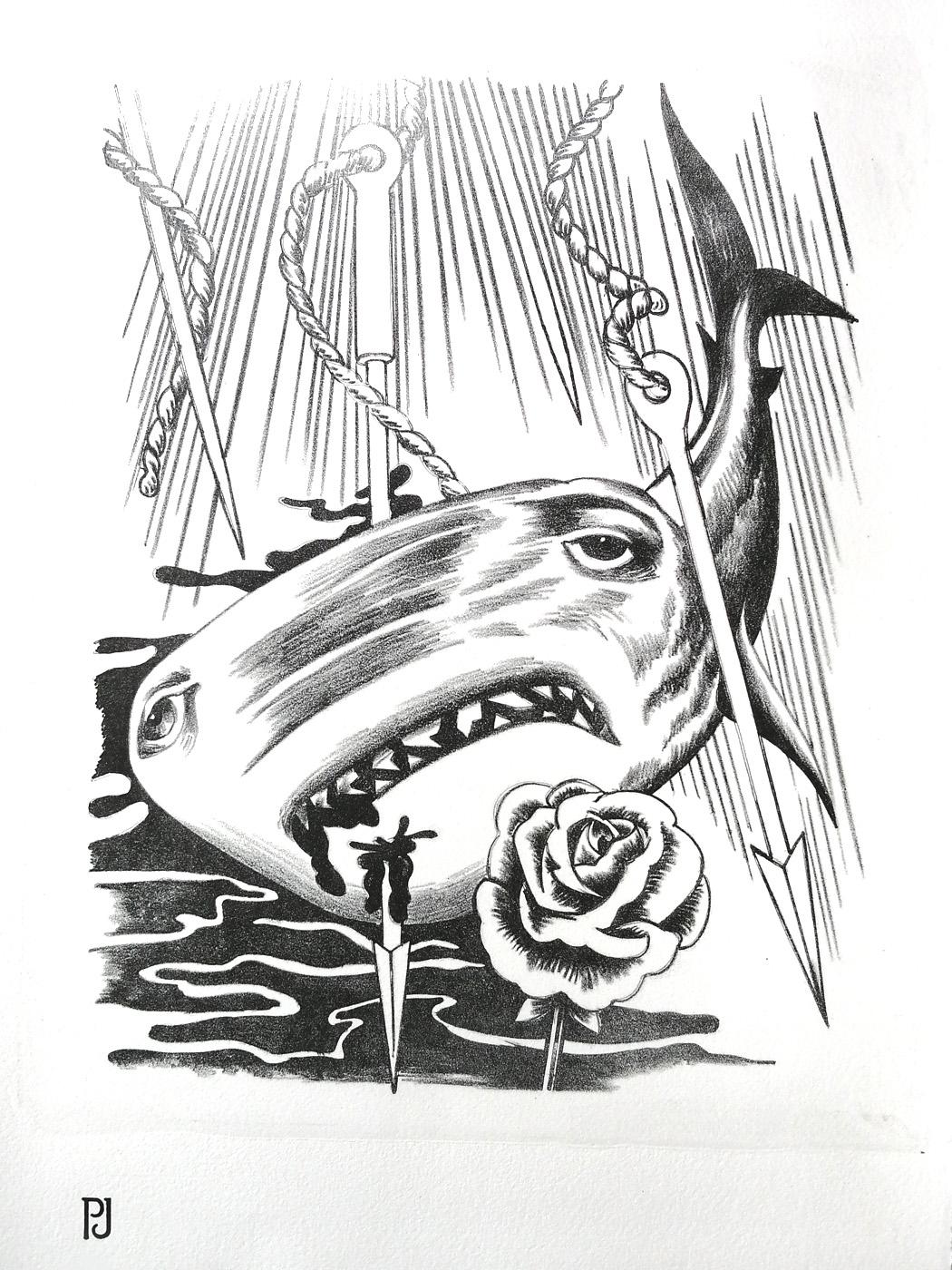 Impression lithographique / encre noire imprimée sur papier JOHANOT 240gr.
Inversion des rôles dans cette version mélancolique : un requin transpercé de harpons pleure des larmes de sang sur une rose de cimetière.

Références utilisées pour ce