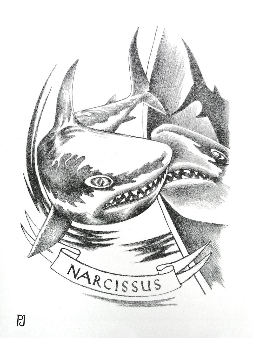 Impression lithographique / encre noire imprimée sur papier JOHANOT 240gr.
Un requin peut-il tomber amoureux de son image dans un reflet ? Un titre très explicite lève toute ambiguïté sur le sujet de ce dessin, qui mêle les codes du tatouage et de