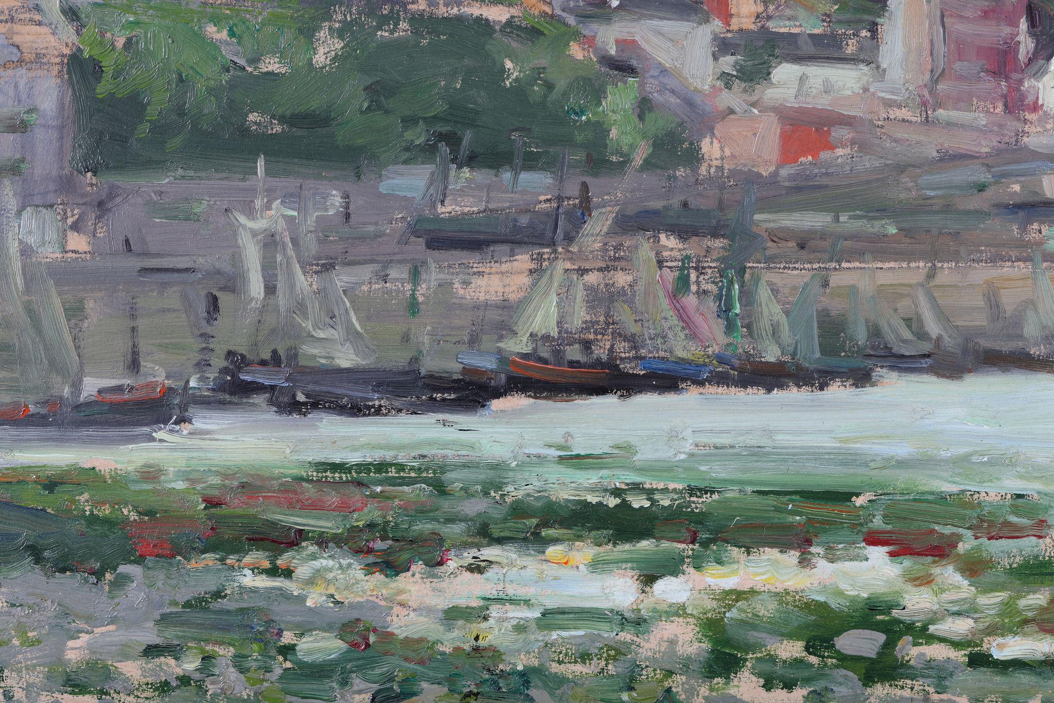 The Fishing Port of Les Treport, France by Pierre Pelletier. Oil on canvas - Gray Landscape Painting by Pierre Jacques Pelletier