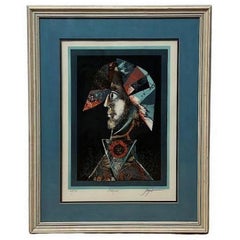 Arlequin Portrait Lithograph By Pierre Jacquot in Gold Frame