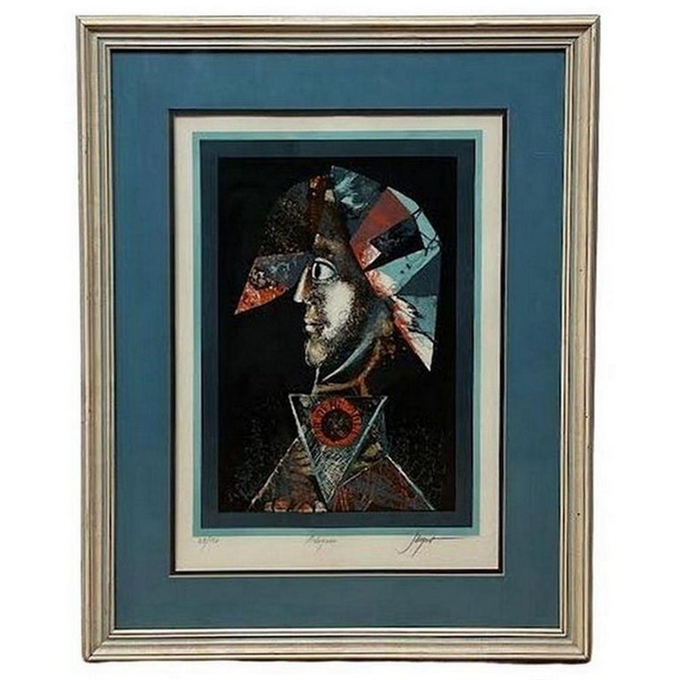 This lithograph by French artist Pierre-Henri Jacquot is part of the "Commedia Dell'Arte" series and is titled "Arlequin". Signed "Jacquot" in the lower right, it is numbered 28/150 for the artist's proof and retains its original framing.
Pierre