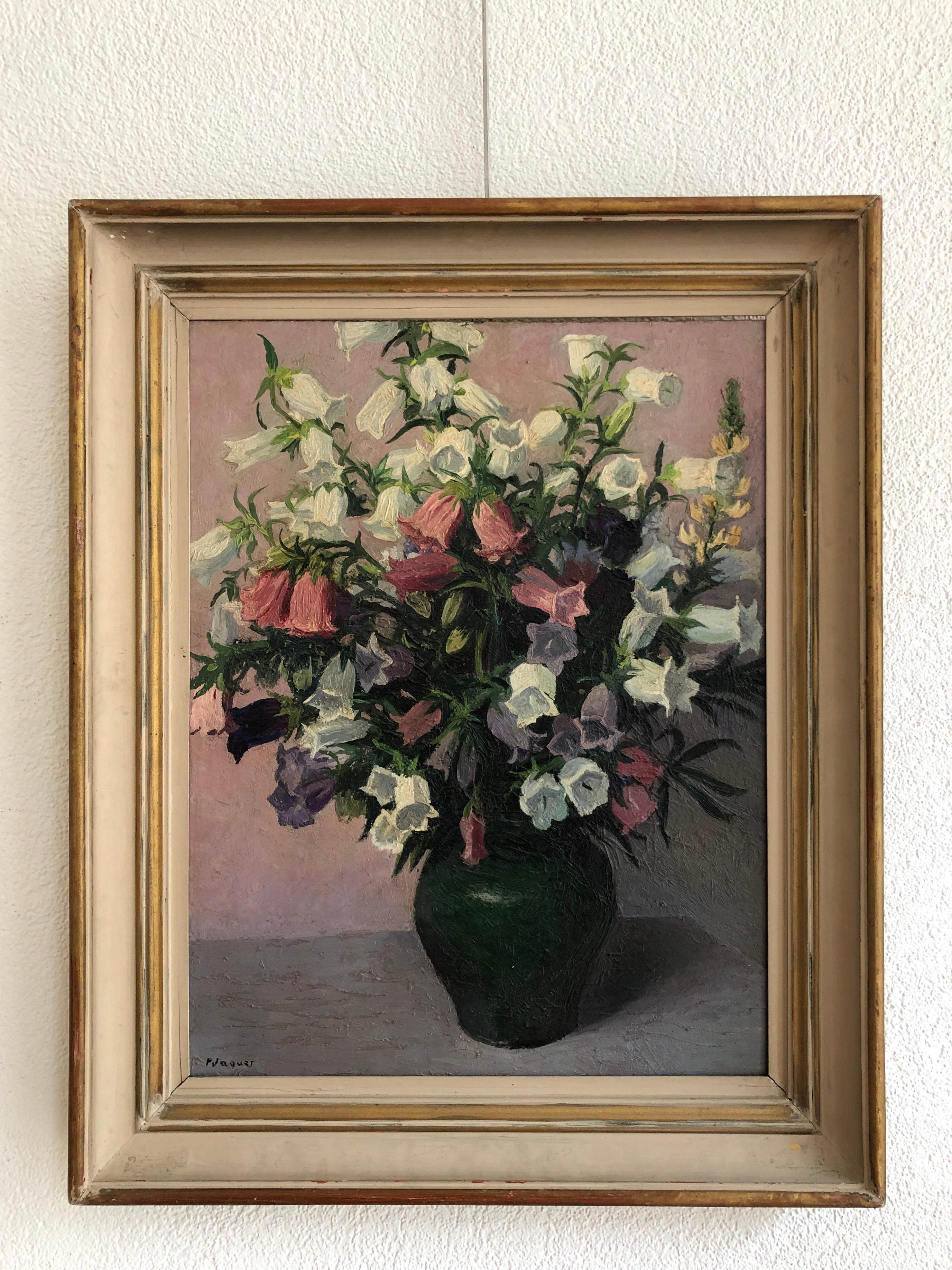 Bouquet of flowers in a pretty green vase - Painting by Pierre Jaques