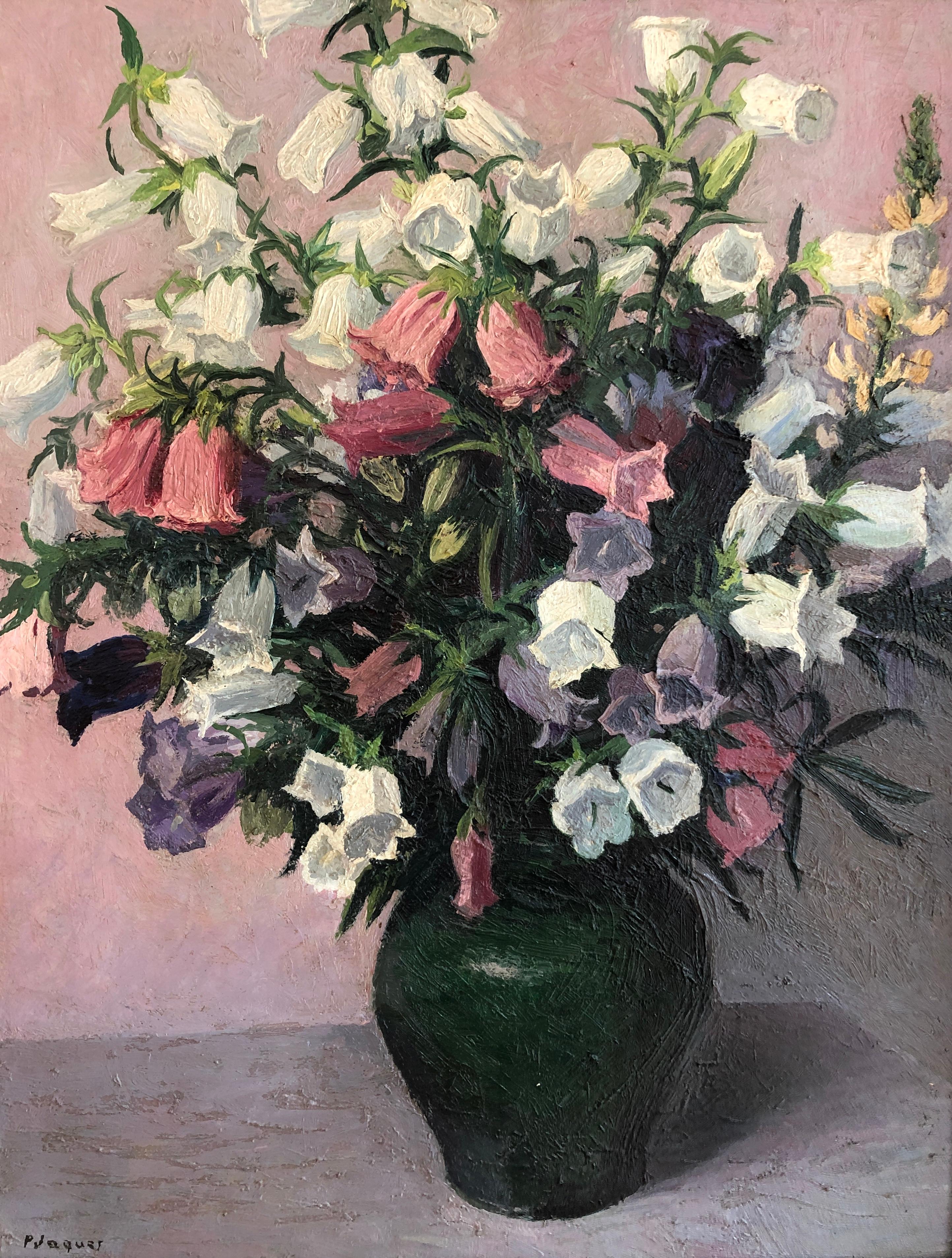 Pierre Jaques Still-Life Painting - Bouquet of flowers in a pretty green vase