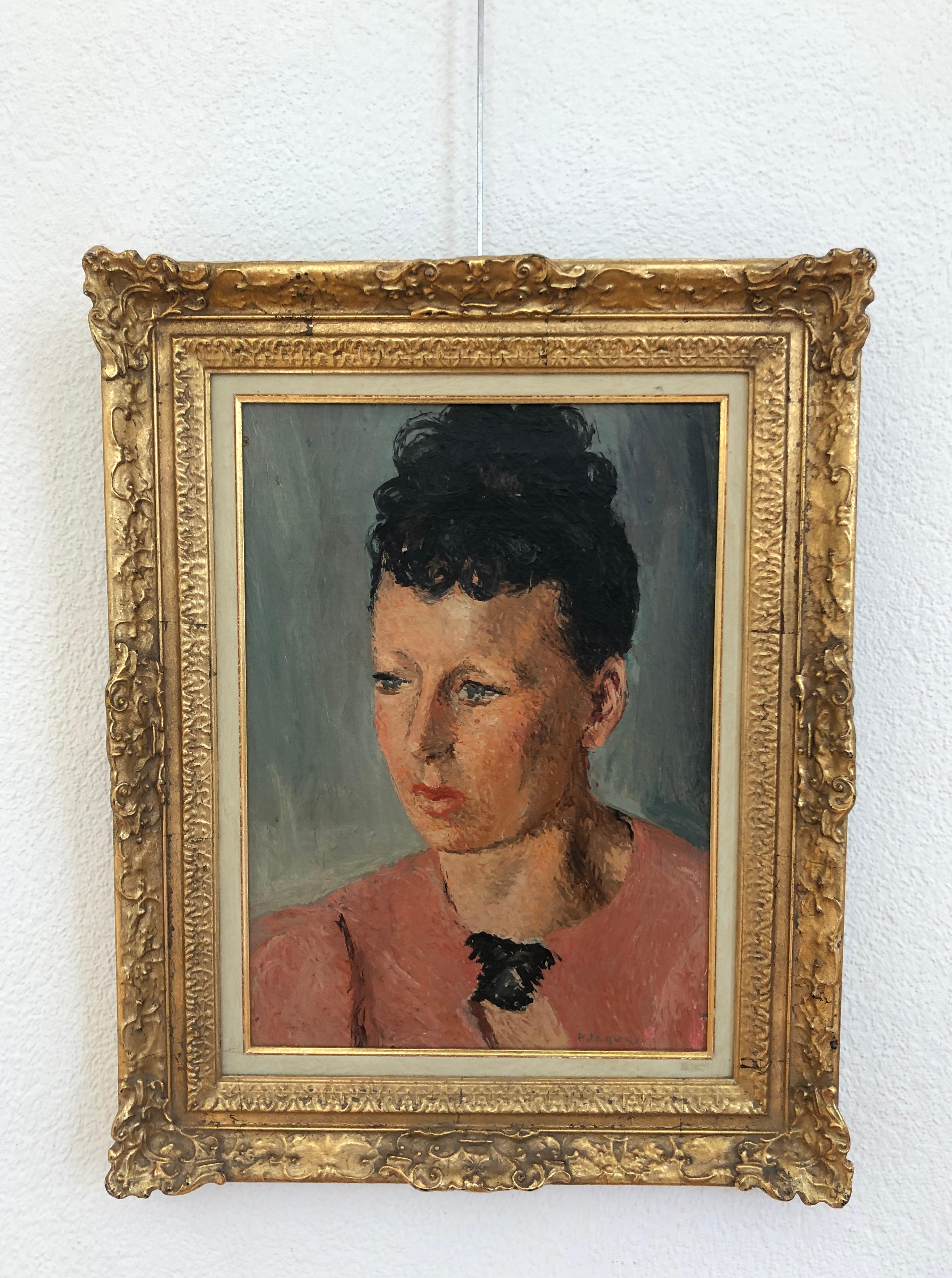 Frau in einer rosa Bluse – Painting von Pierre Jaques