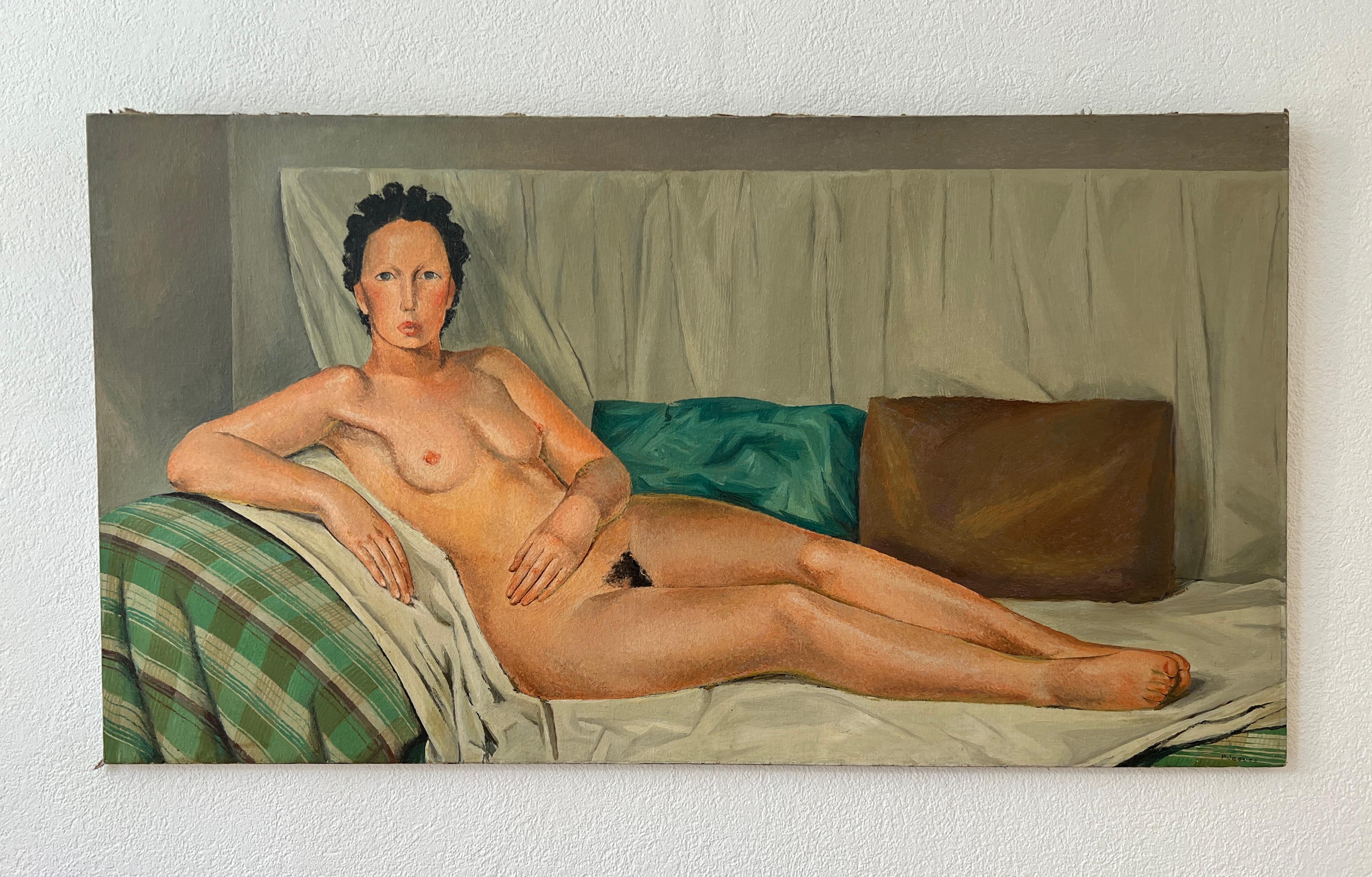 Jeune femme posant nue sur le canapé - Painting de Pierre Jaques