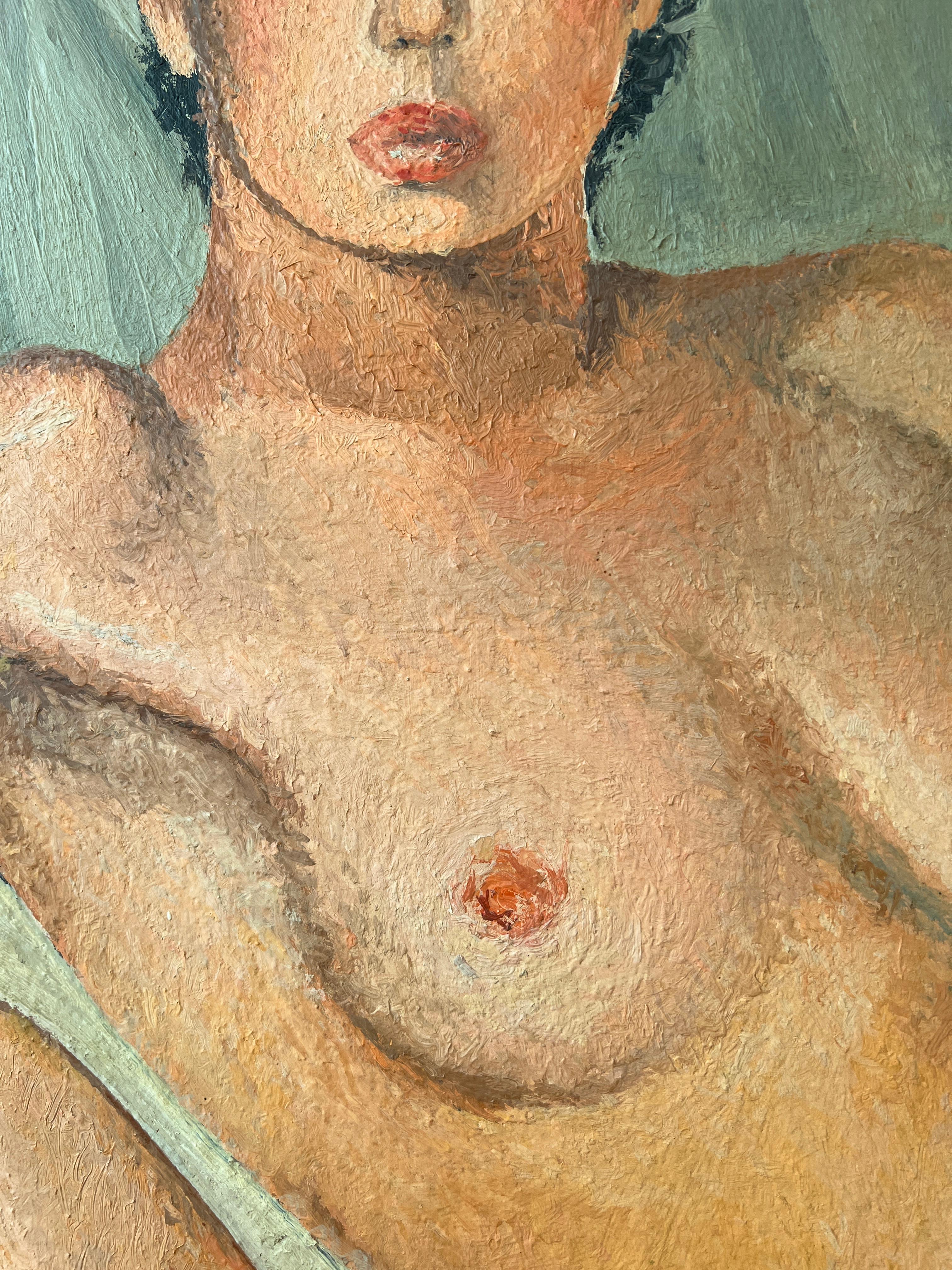Travail sur la toile 
L'œuvre représente une femme nue allongée sur un canapé, fusionnant classicisme et modernité. La toile, à la palette sobre et maîtrisée, juxtapose des tons chair à des draperies vertes et brunes, accentuant ainsi le contraste.