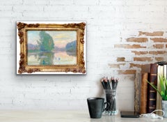 19th century impressionist Painting - Swans in a pond at sunset - romantic oil