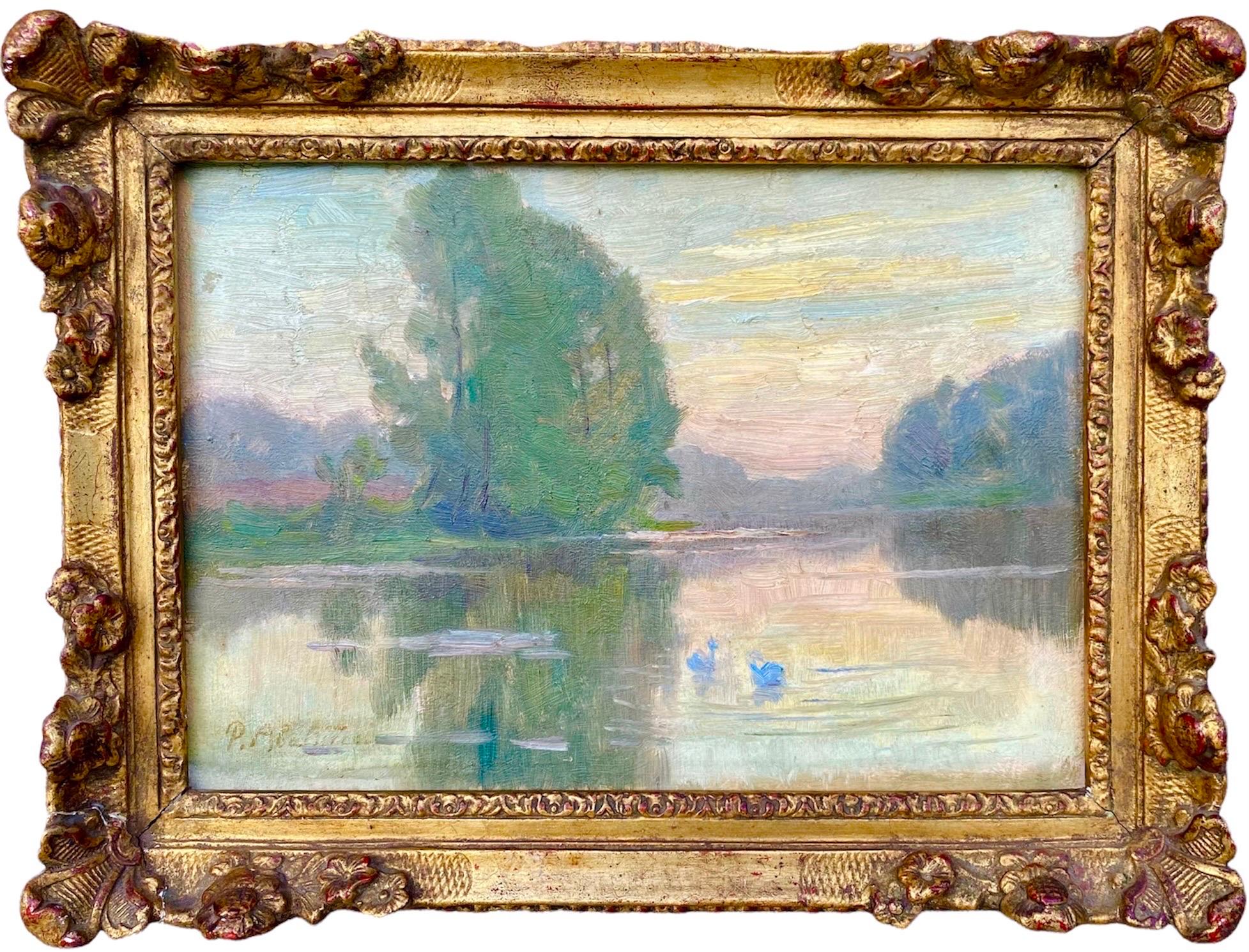 Pierre-Jean Abattucci Figurative Painting - 19th century impressionist Painting - Swans in a pond at sunset - romantic oil