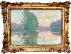 Tableau impressionniste du 19ème siècle - Cygnes dans un étang au coucher du soleil - huile romantique