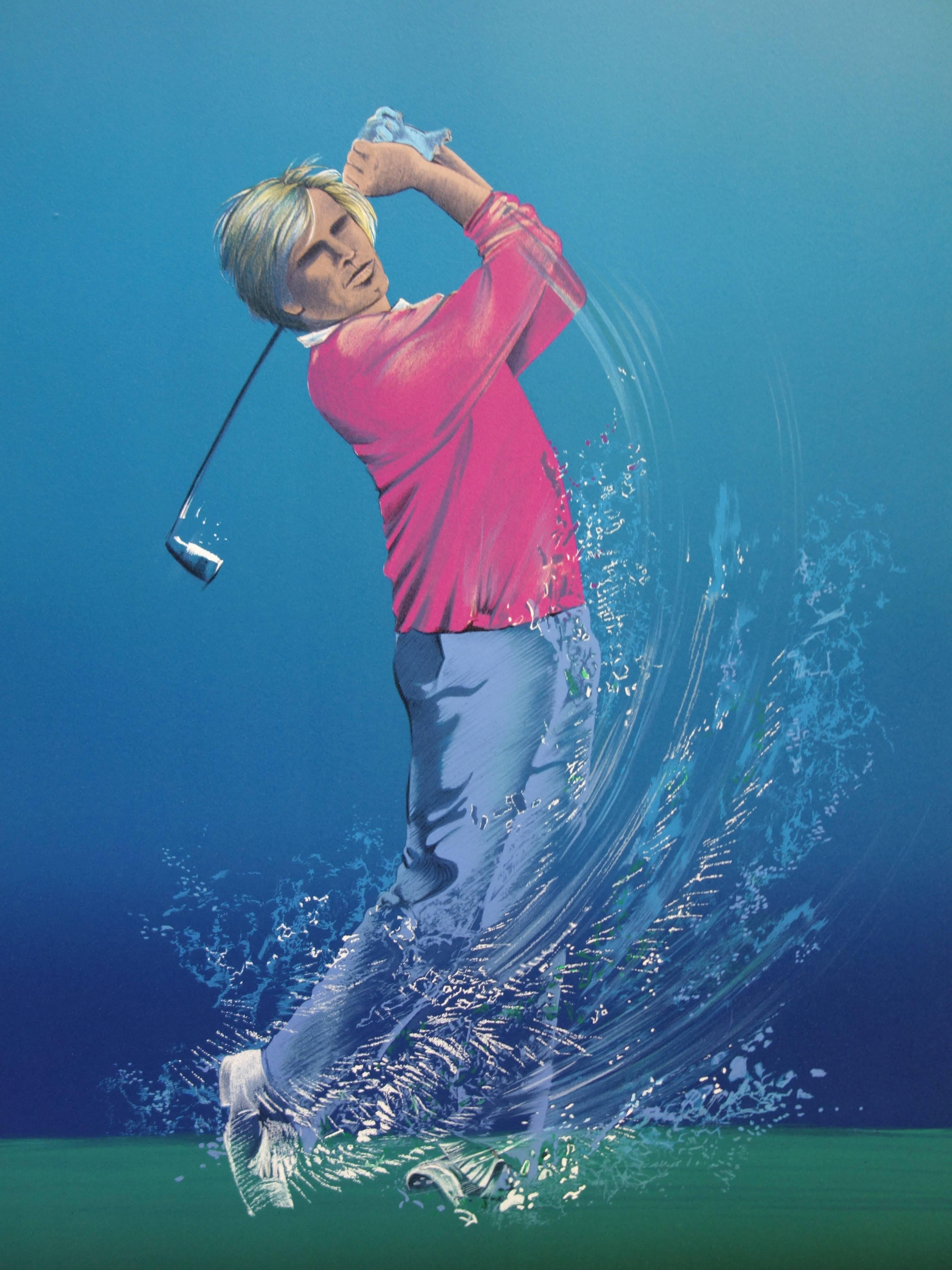 Golf : Birdy - Original handsigned lithograph - Blue Figurative Print by Pierre-Jean Couarraze