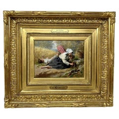 Antique Pierre Jean Edmond Castan French Figures Landscape Scene Oil on Board  Painting 