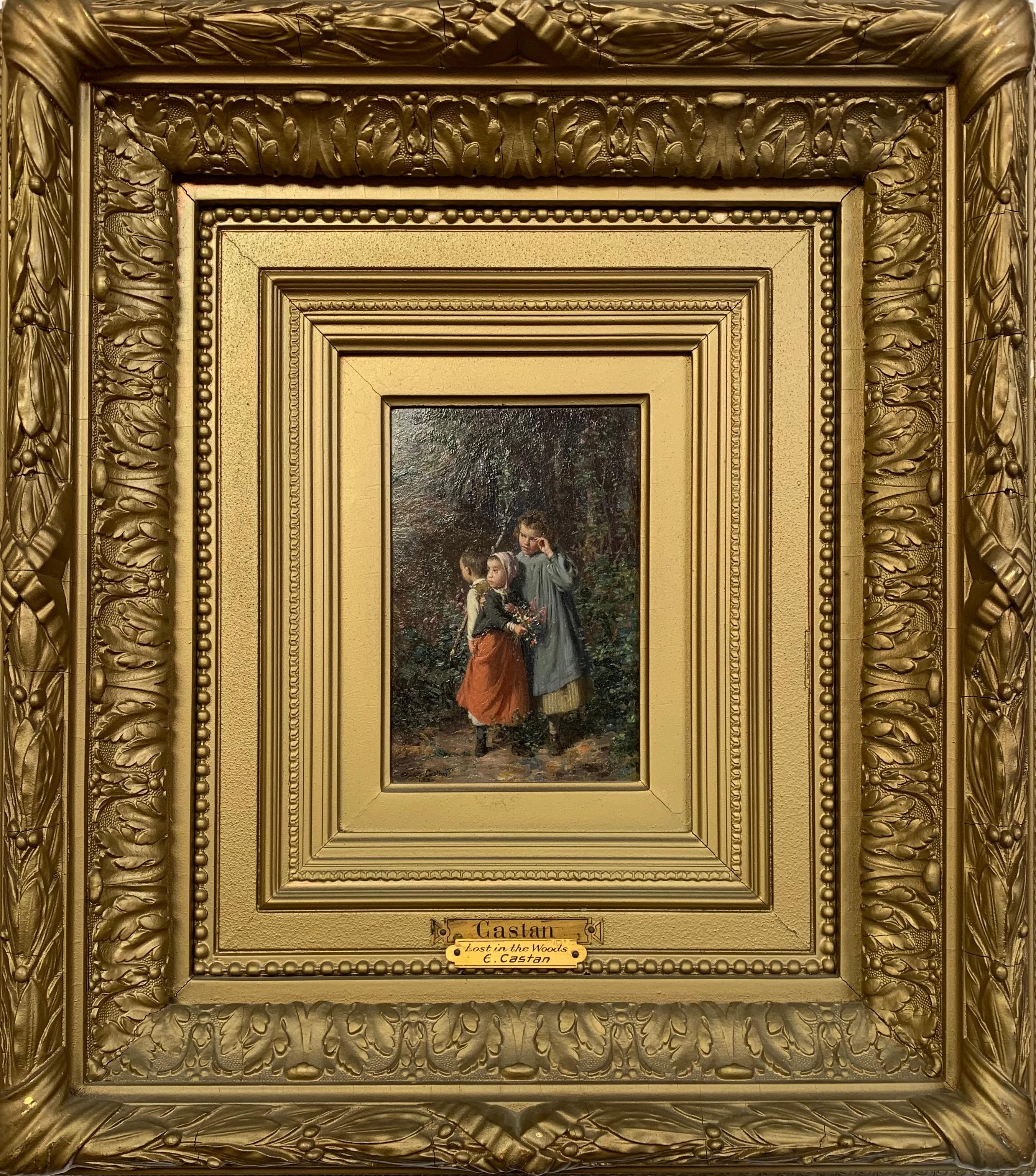 Perdido en el bosque, pintura del Romanticismo francés del siglo XIX - Painting de Pierre Jean Edmond Castan