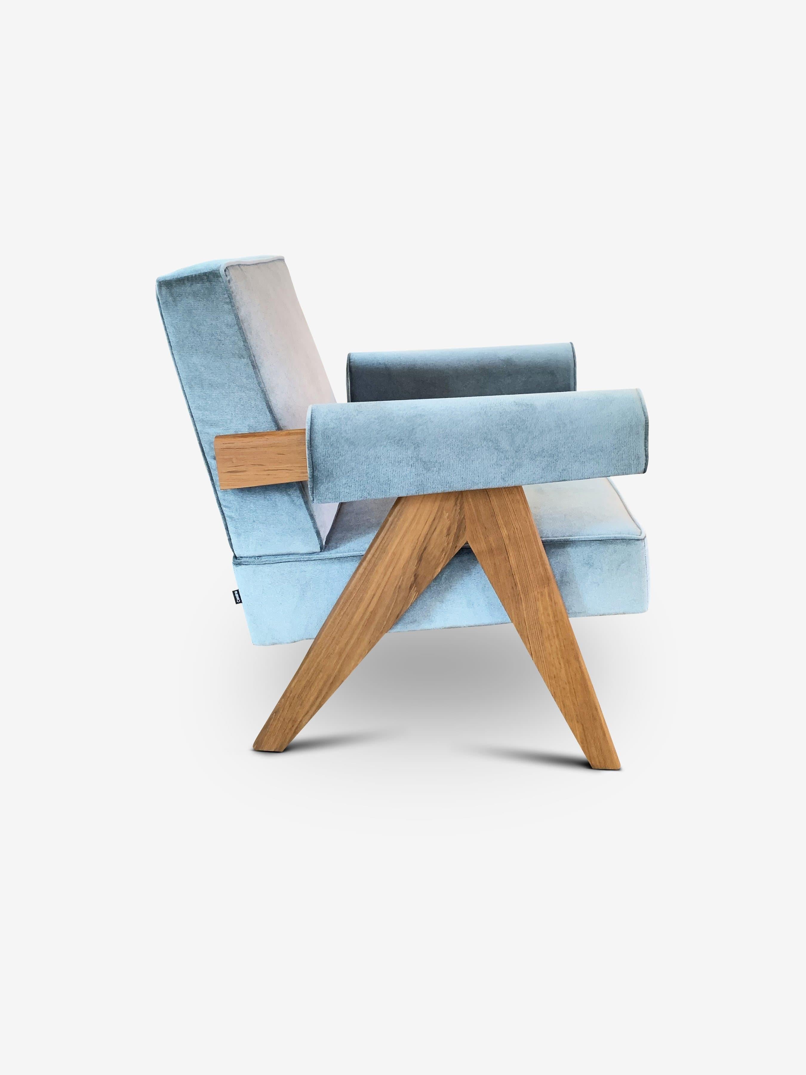 Tissu Pierre Jeanneret 053 Fauteuil Capitol Complex en teck avec Carta di Zucchero en vente