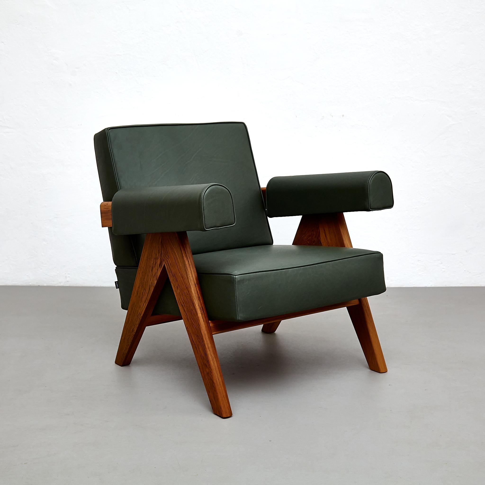 Mid-Century Modern Pierre Jeanneret 053 Capitol Complex Teak Wood Green Leather Armchair by Cassina For Sale