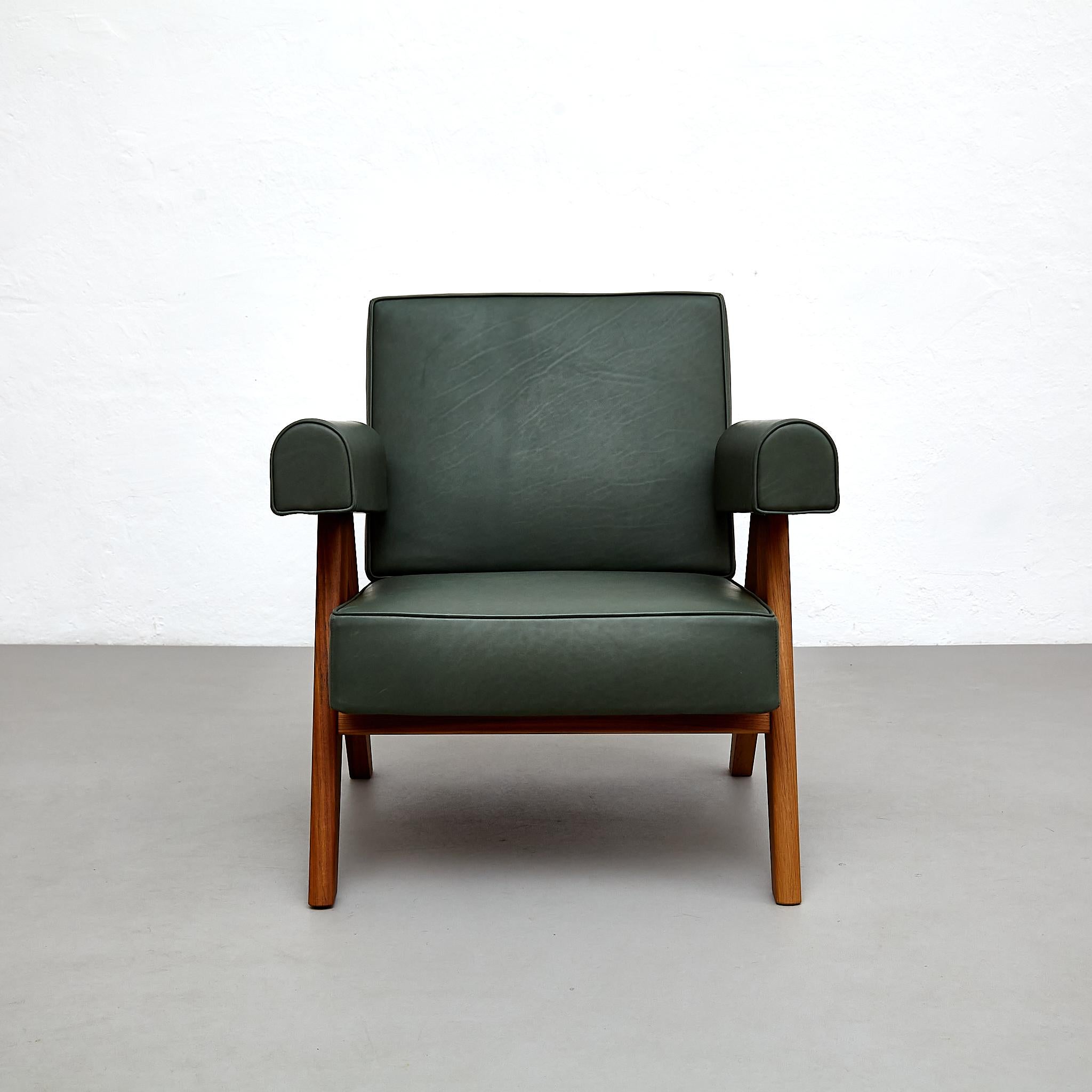 Italian Pierre Jeanneret 053 Capitol Complex Teak Wood Green Leather Armchair by Cassina For Sale