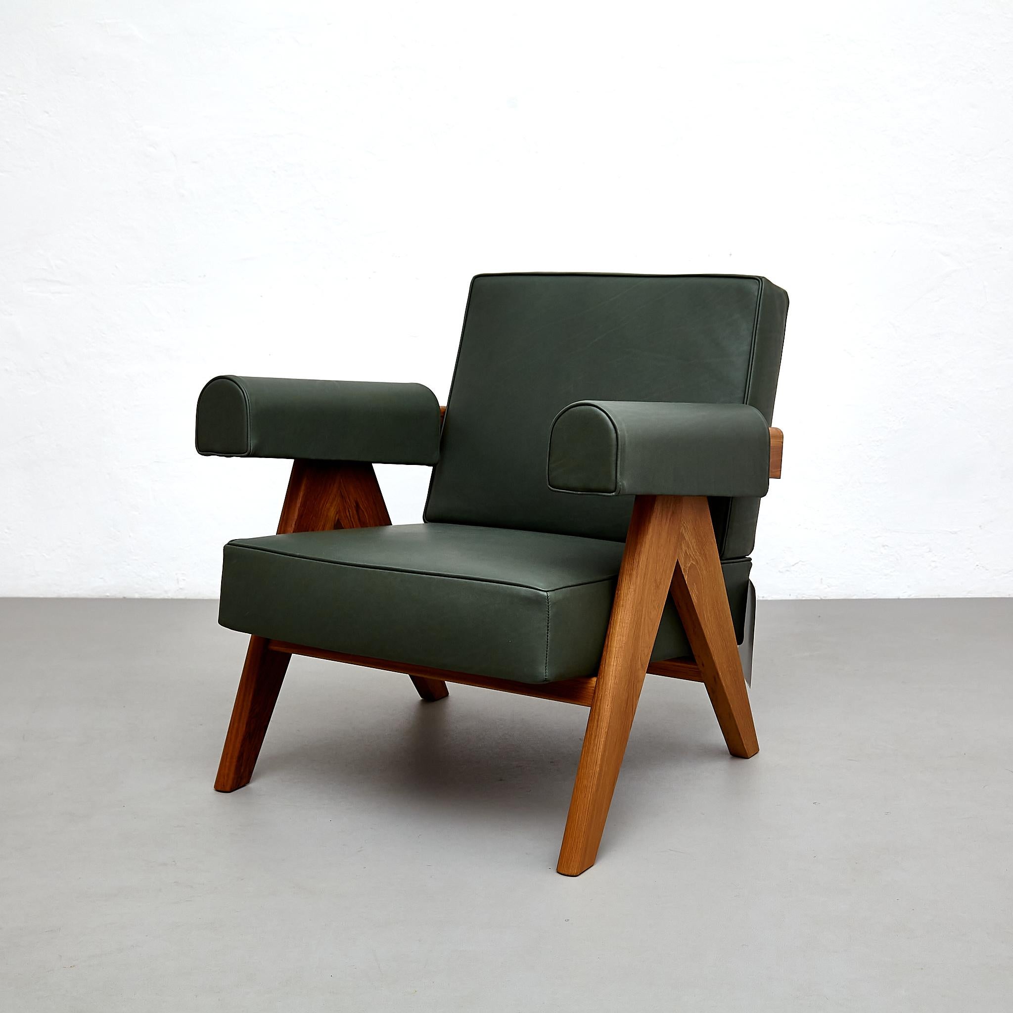 Mid-Century Modern Pierre Jeanneret 053 Capitol Complex Teak Wood Green Leather Armchair by Cassina For Sale