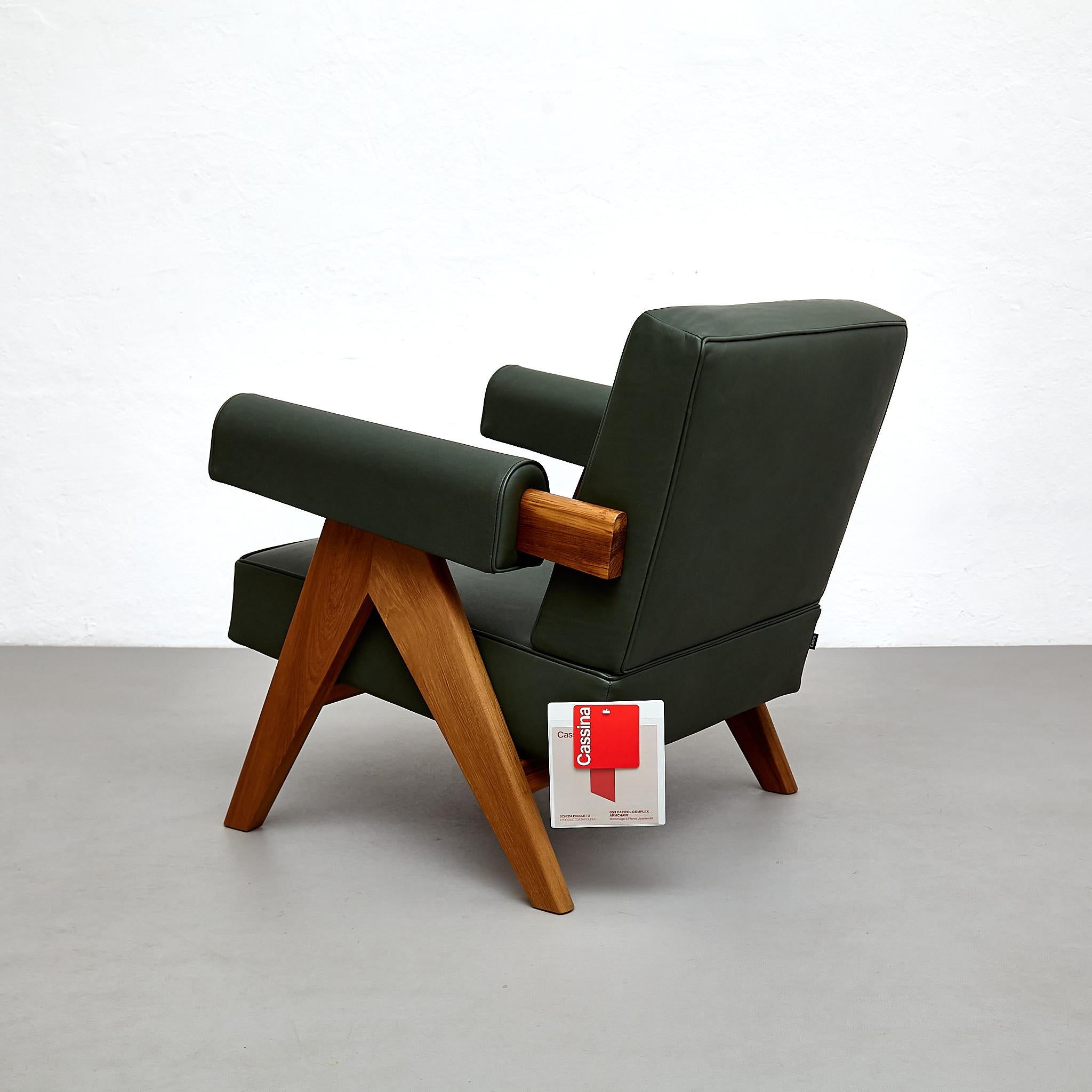 Contemporary Pierre Jeanneret 053 Capitol Complex Teak Wood Green Leather Armchair by Cassina For Sale