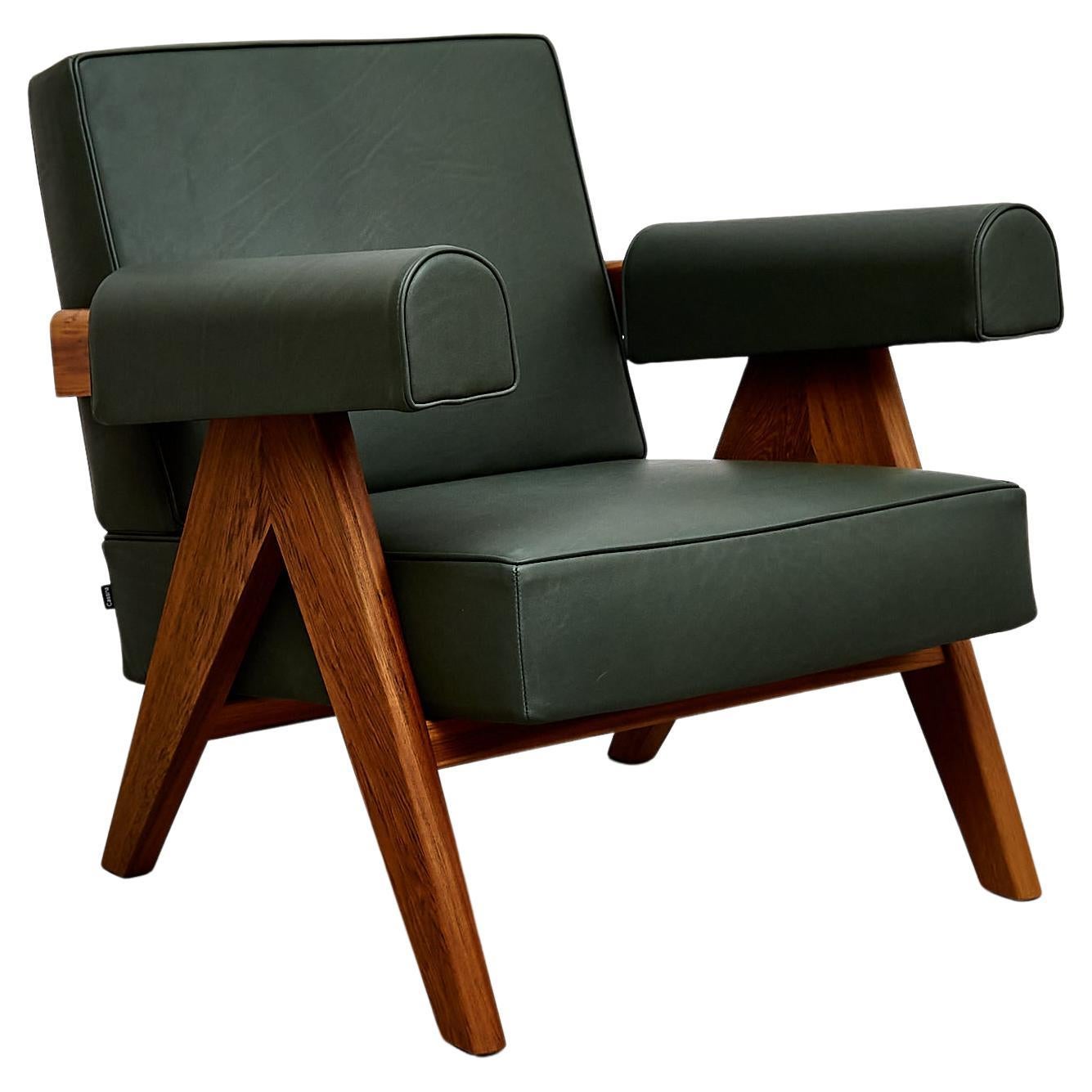 Pierre Jeanneret 053 Capitol Complex Teak Wood Green Leather Armchair by Cassina