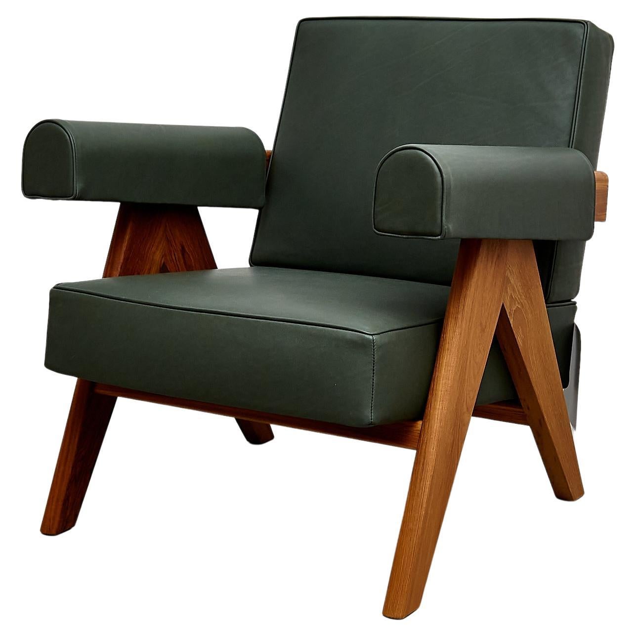 Pierre Jeanneret 053 Capitol Complex Teak Wood Green Leather Armchair by Cassina For Sale