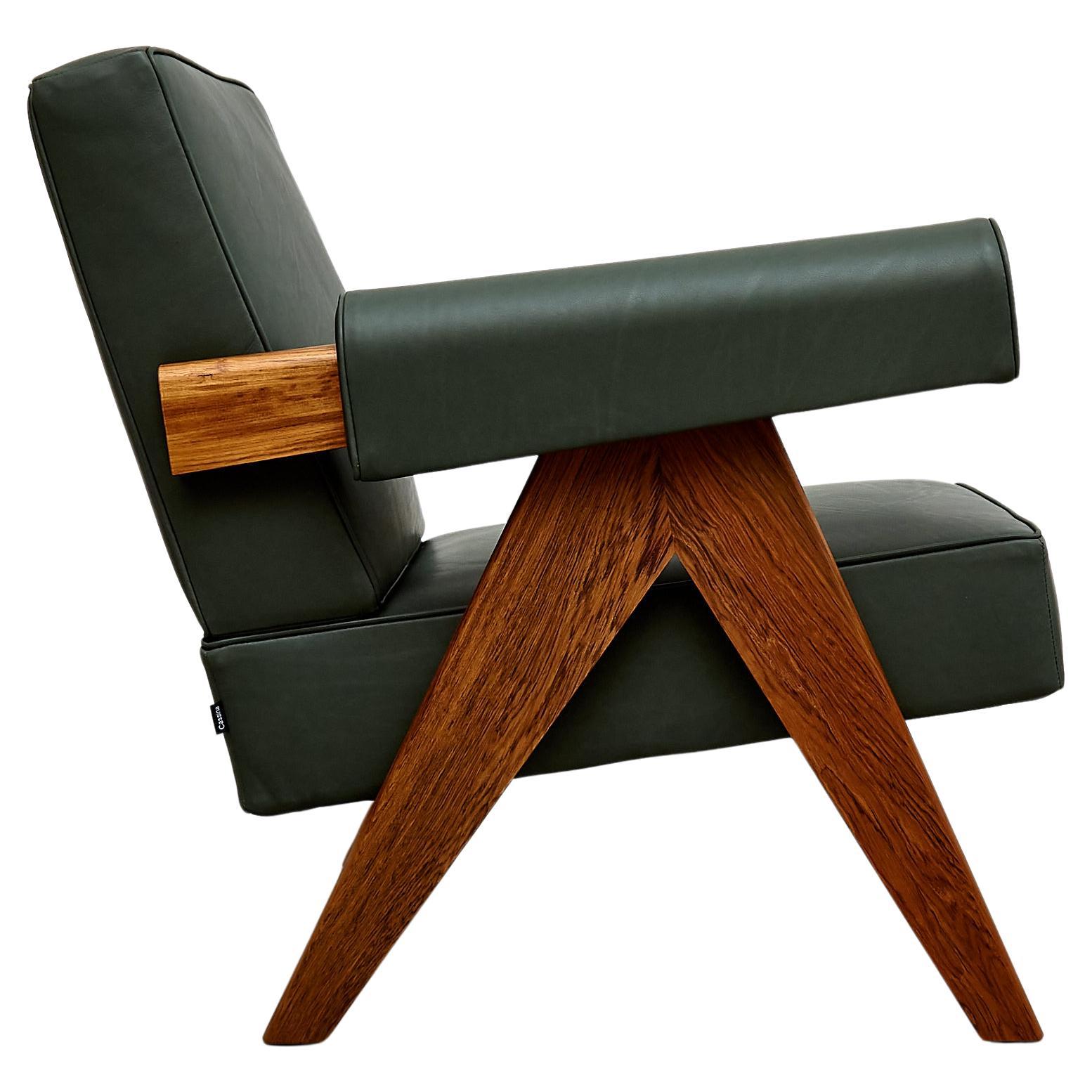 Pierre Jeanneret 053 Capitol Complex Teak Wood Green Leather Armchair by Cassina For Sale