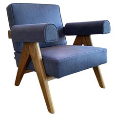 Pierre Jeanneret 053 Teak Capitol Complex Armchair in Teak with Blue Fabric