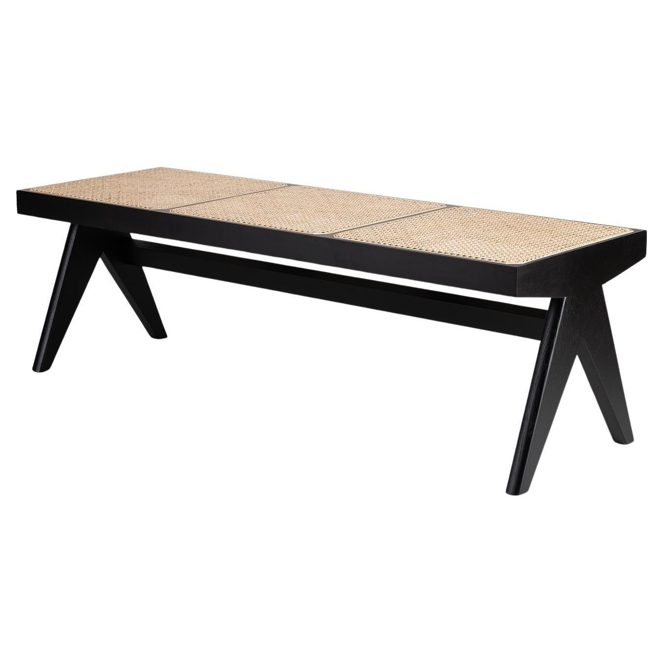 Pierre Jeanneret 057 Civil Bench, Black Lacquered Wood and Woven Cane by Cassina For Sale