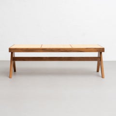 Pierre Jeanneret 057 Civil Bench, Wood and Woven Viennese Cane by Cassina
