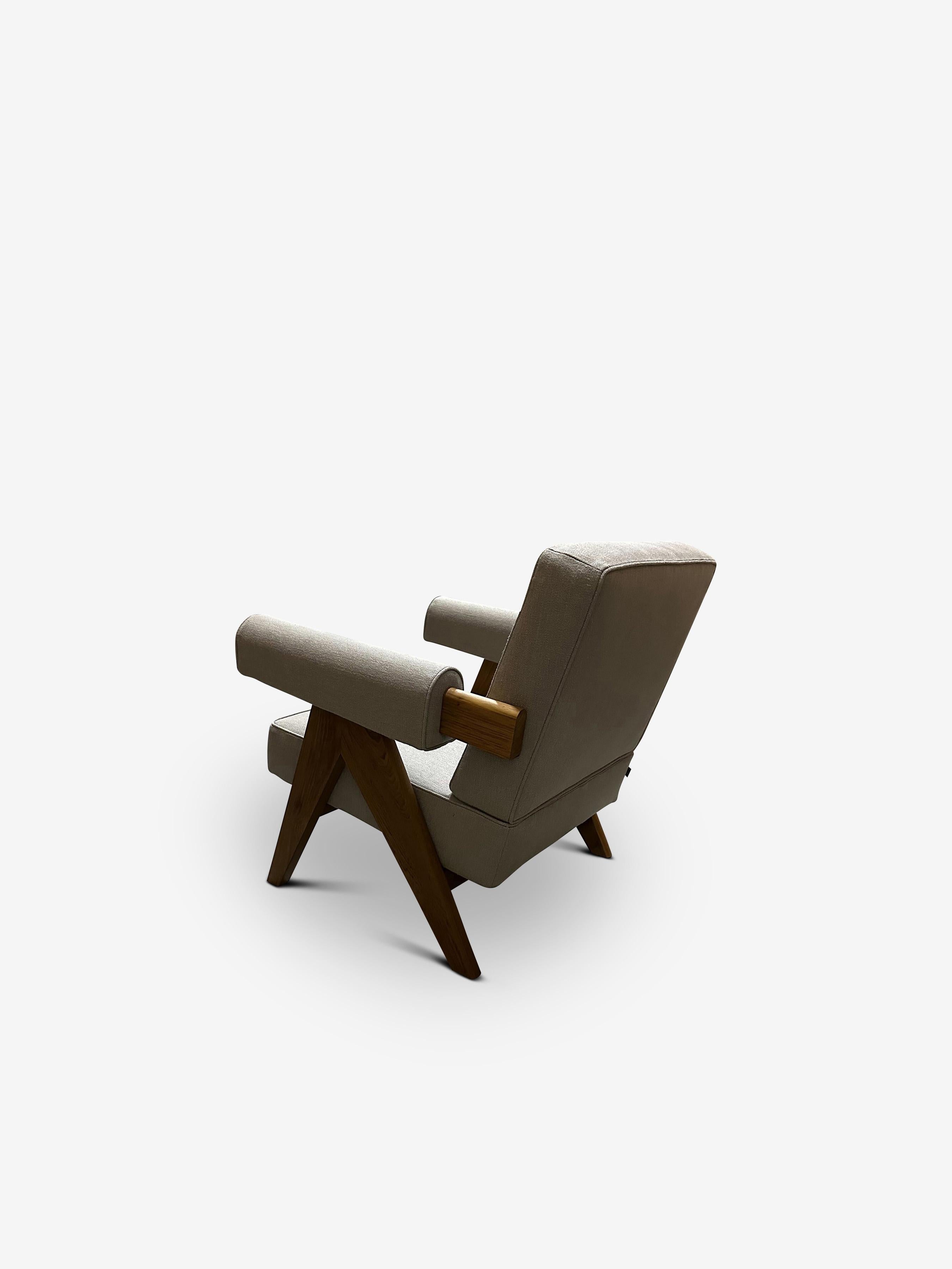 Italian Pierre Jeanneret 1960 Capitol Complex Armchair in Panna Lipari with Teak
