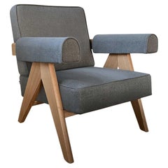 Pierre Jeanneret 1960 Capitol Complex Armchair in Titanio Linen with Oak