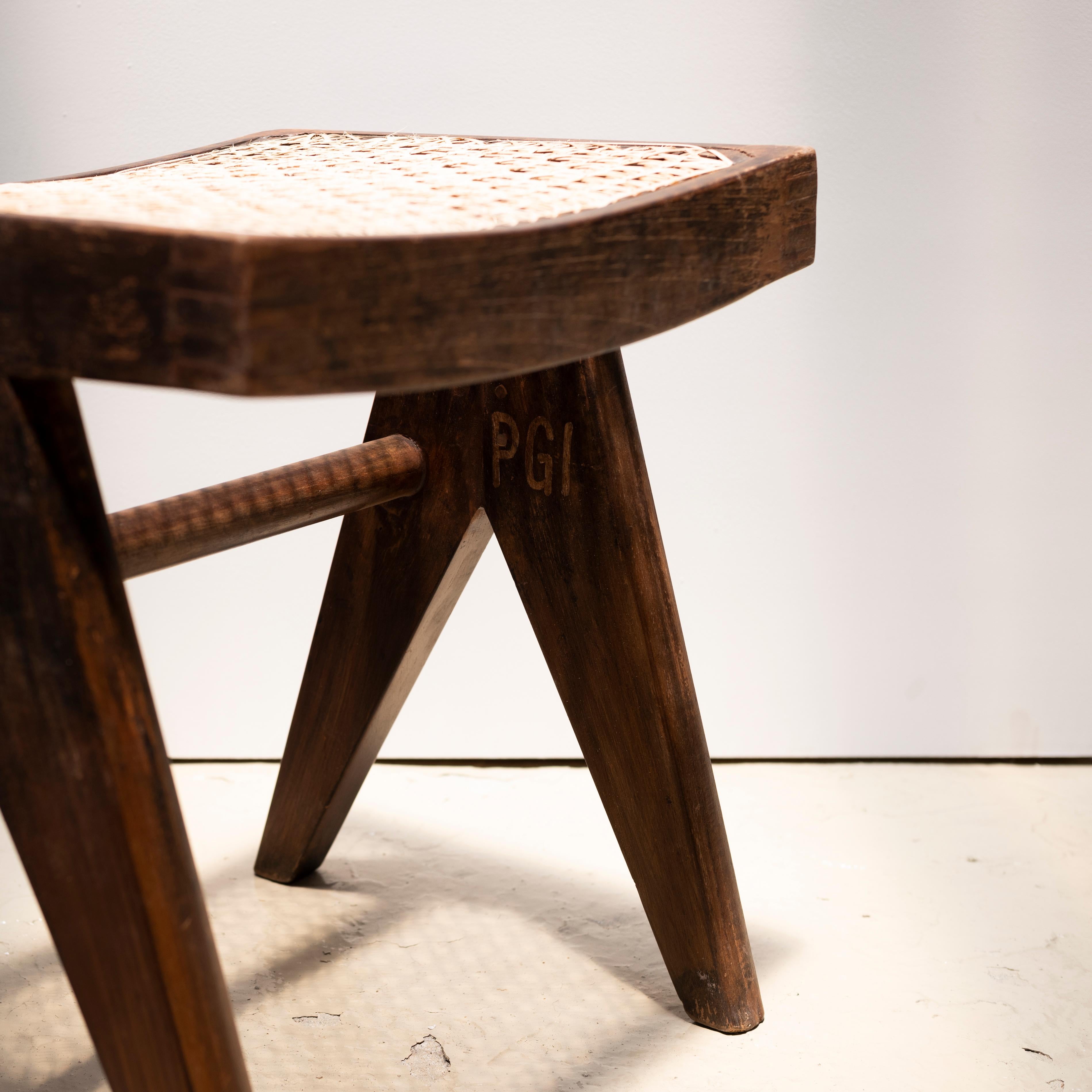 Mid-20th Century Pierre Jeanneret A-Legs Cane Low Stools, Post-Graduate Institute, Chandigarh For Sale
