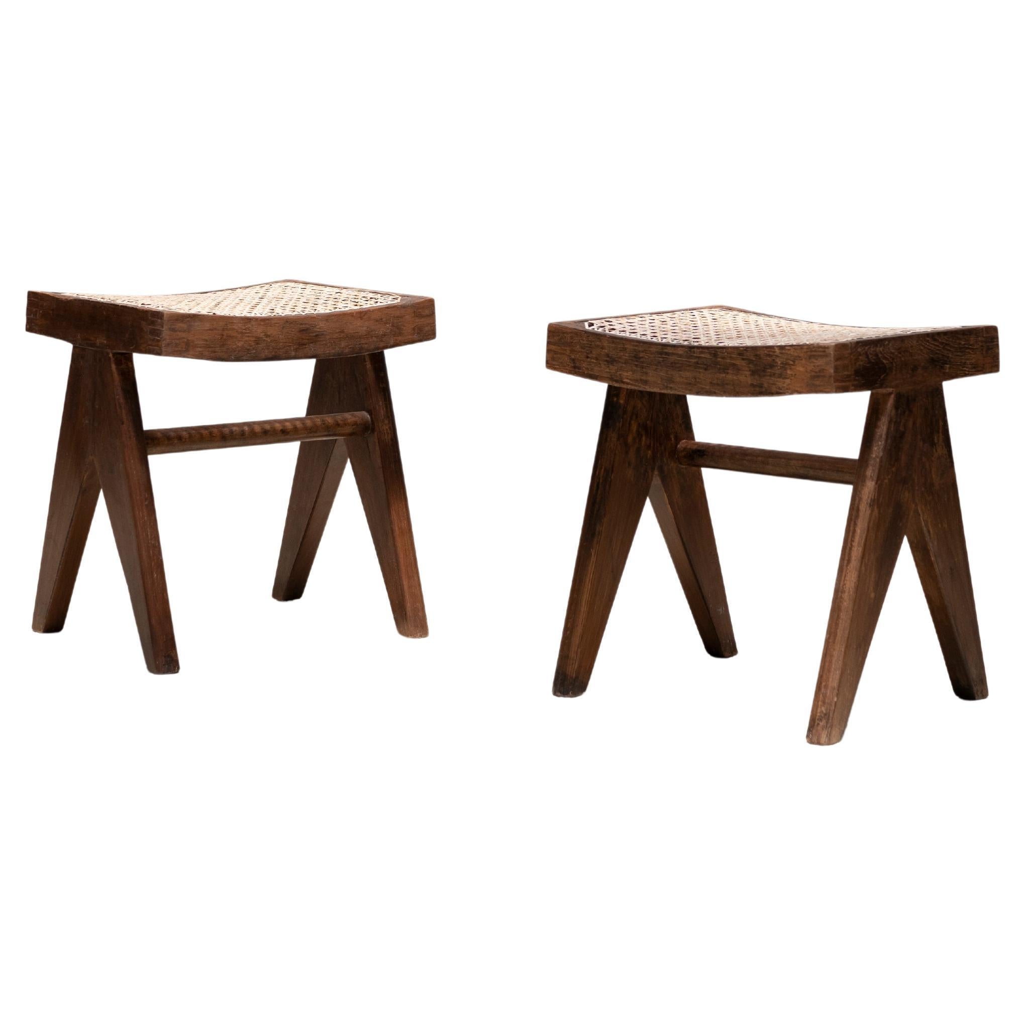 Pierre Jeanneret A-Legs Cane Low Stools, Post-Graduate Institute, Chandigarh For Sale