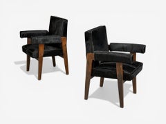 Pierre Jeanneret, Poltrone Advocate, Pelle di vacchetta nera, Teak, Chandigarh, anni '60